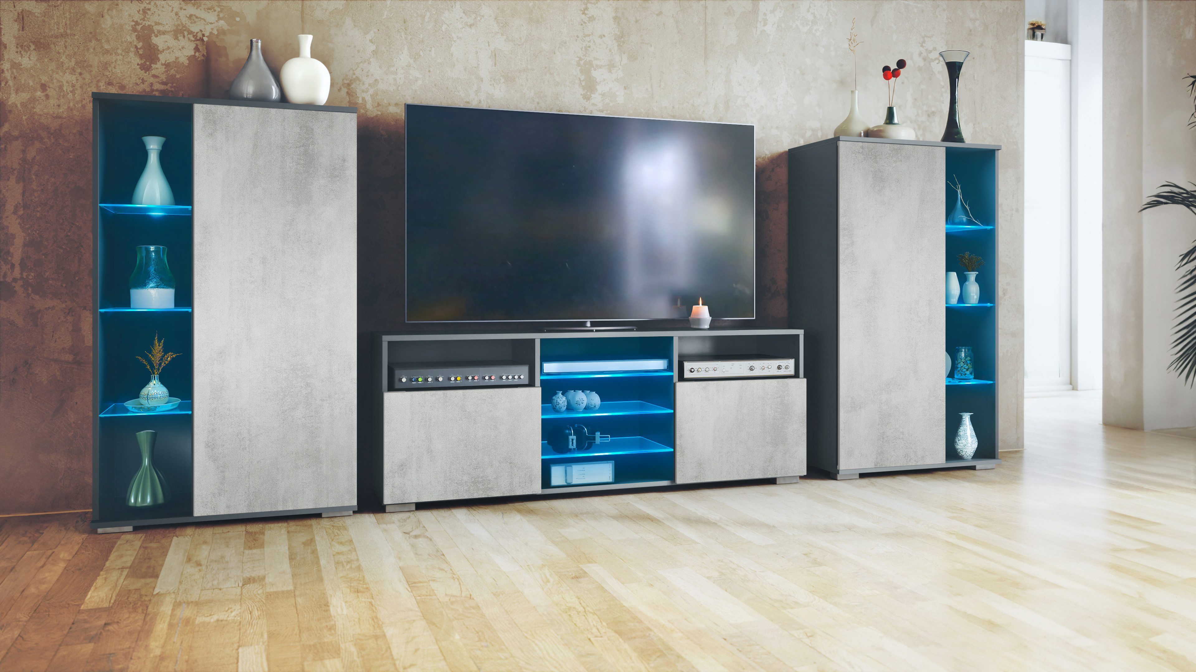Vladon Wohnwand Davos, (Anbauwand, bestehend aus 2 Vitrinen, 1 TV-Board und LED-Beleuchtung), Anthrazit matt/Beton Oxid Optik (329 x 134 x 35 cm)