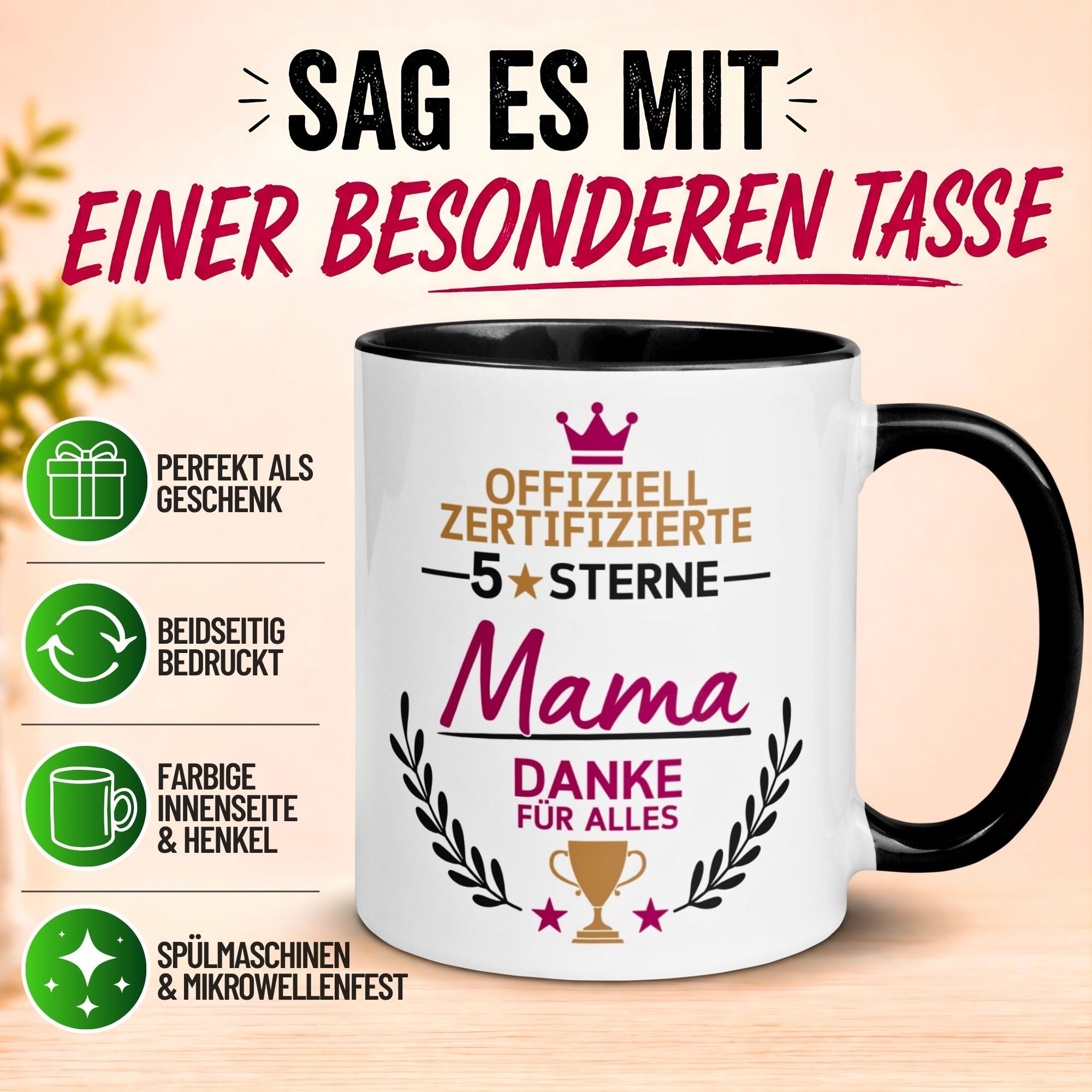 Momentals Tasse Mama – „Offiziell zertifizierte 5 Sterne Mama“ – Beste Mama Geschenk, Gratis Versand · Links-&Rechtshänder · Spülmaschinenfest