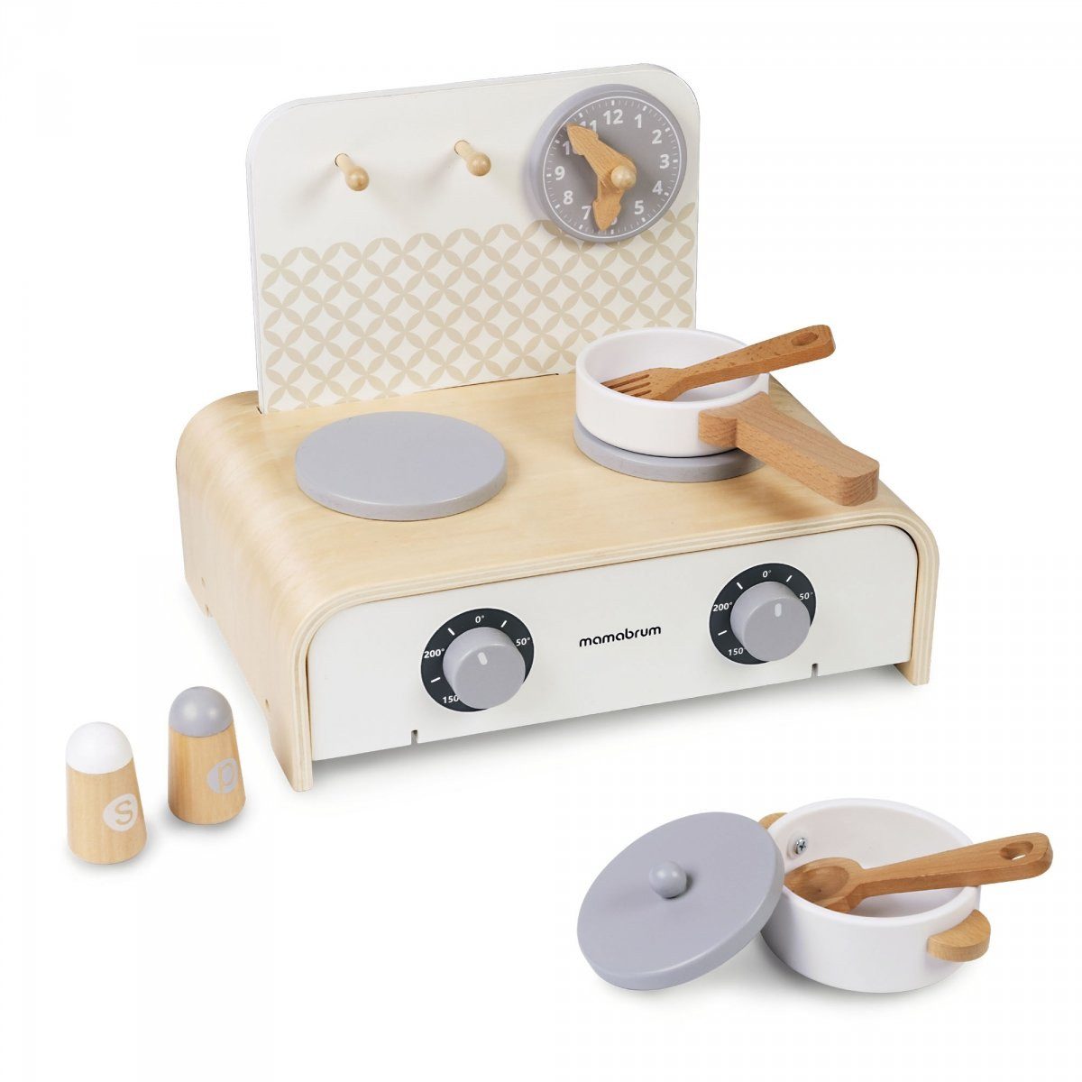 Mamabrum Kinder-Küchenset Kompakte Holz-Spielküche mit Zubehör & Klappfunktion