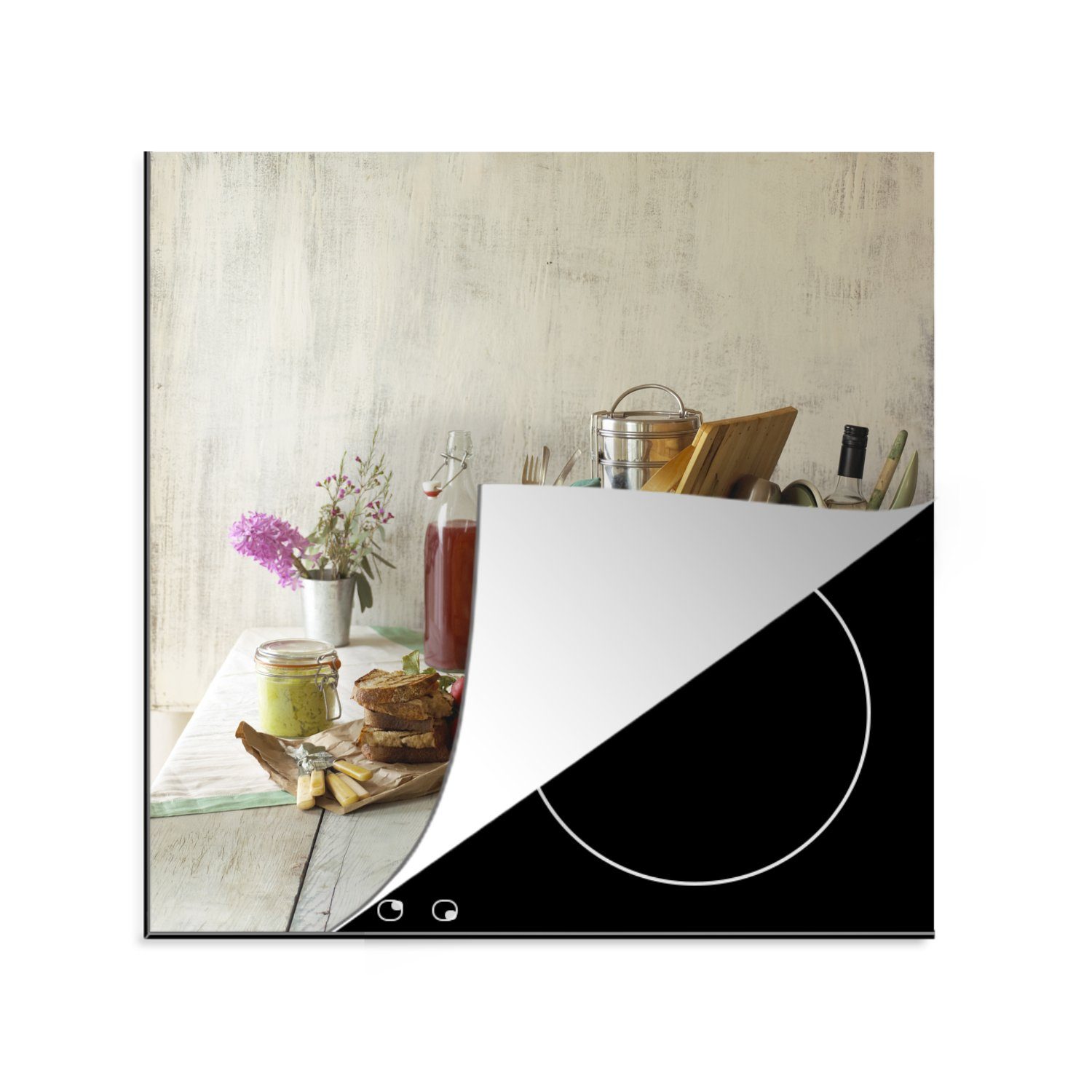 MuchoWow Herdblende-/Abdeckplatte Picknickkorb mit Essen auf einem Holzboden, Vinyl, (1 tlg), 78x78 cm, Ceranfeldabdeckung, Arbeitsplatte für küche