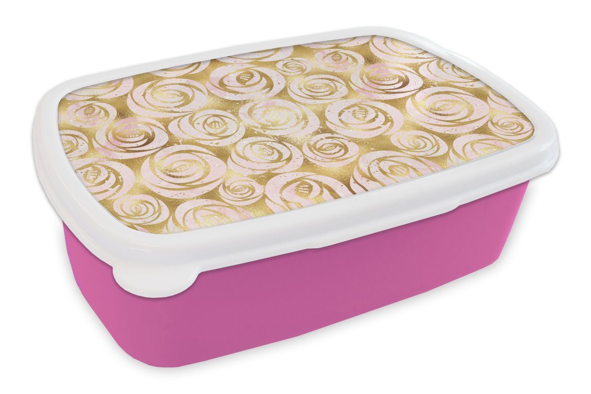 MuchoWow Lunchbox Marmor - Gold - Rosen - Muster, Kunststoff, (2-tlg), Brotbox für Erwachsene, Brotdose Kinder, Snackbox, Mädchen, Kunststoff rosa