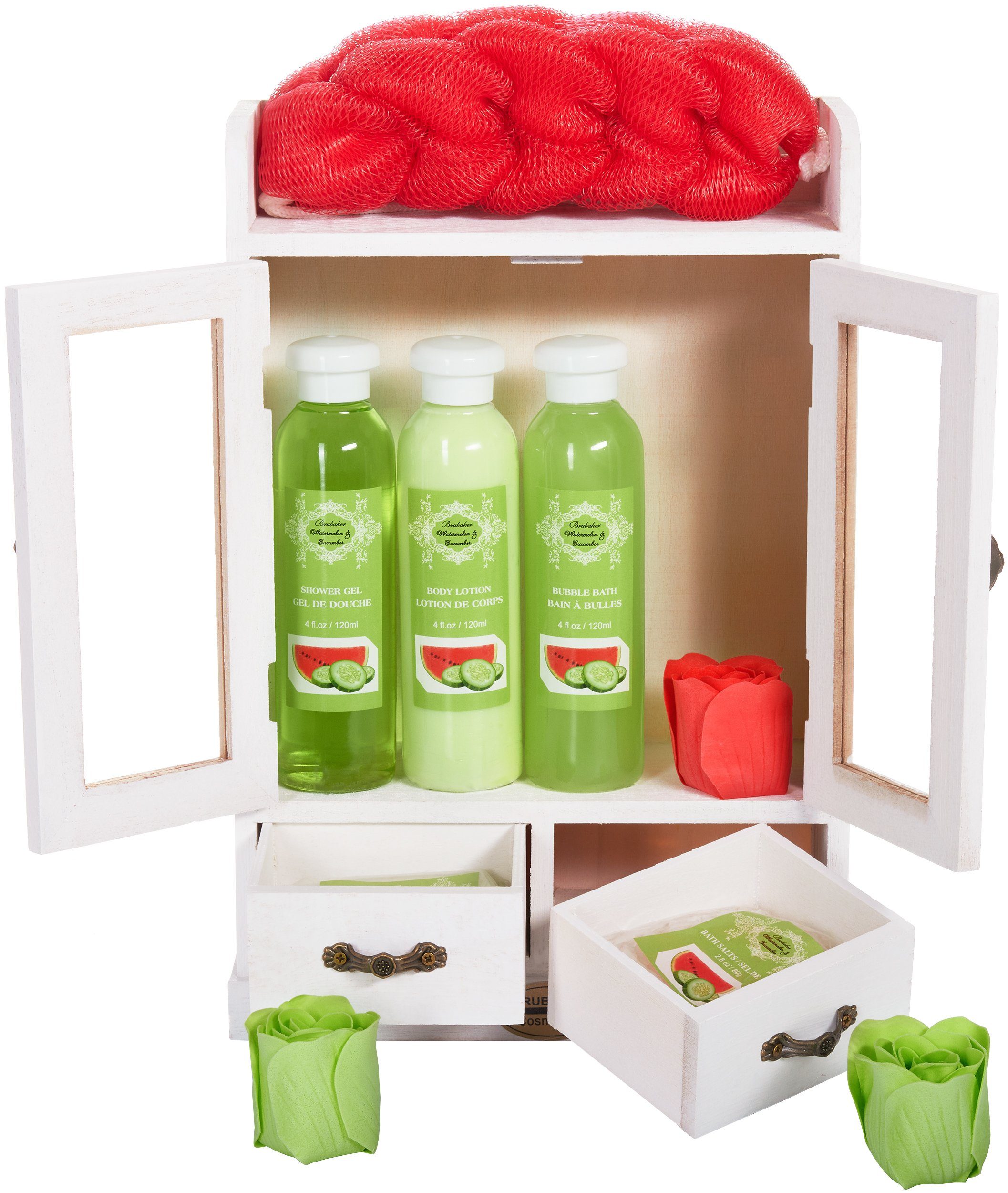 BRUBAKER Hautreinigungs-Set Bade- und Dusch Set, Pflegeset mit Melone Duft, Badeset, 10-tlg., Damen Geschenkset im Vintage-Schränkchen, reinigend und pflegend