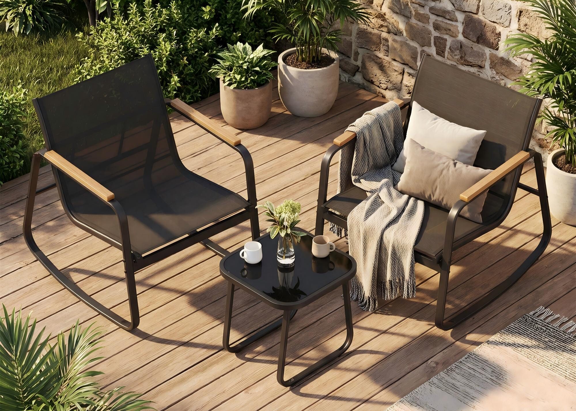 SONGMICS Gartenlounge-Set Balkonmöbel, (3-tlg., 2 Stuhl, 1 Beistelltisch), 2 Schaukelstühle mit Tisch, Stahl, mit Armlehnen, atmungsaktiv