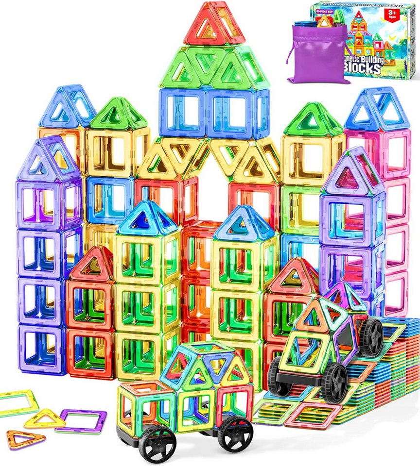 Athlix Magnetische Bausteine, Magnetspiel STEM Magnetbausteine, Montessori Magnetspielbausteine, 50 - 136 Stück, Unbegrenzte Bauoptionen, 2D & 3D