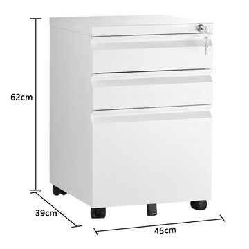 Vaxiuja Rollcontainer FCH Büro-Rollcontainer, Metall Rollcontainer, Aktenschrank mit Schloss und Rollen für A4, 3 Schublade, 45x39x62cm, Weiß, Lang (cm): 64.50 breit (cm): 45.50 hoch (cm)