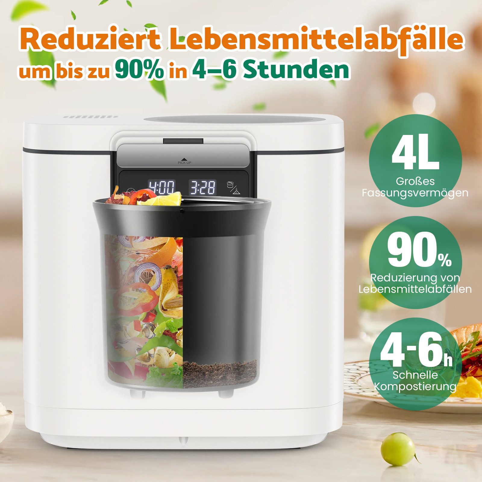 Rebonique Komposter Elektrischer Komposter mit Auto/Manual Mode, Zwei Aktivkohlefiltern, 4L, 90% Abfall-zu-Dünger-Umwandlung