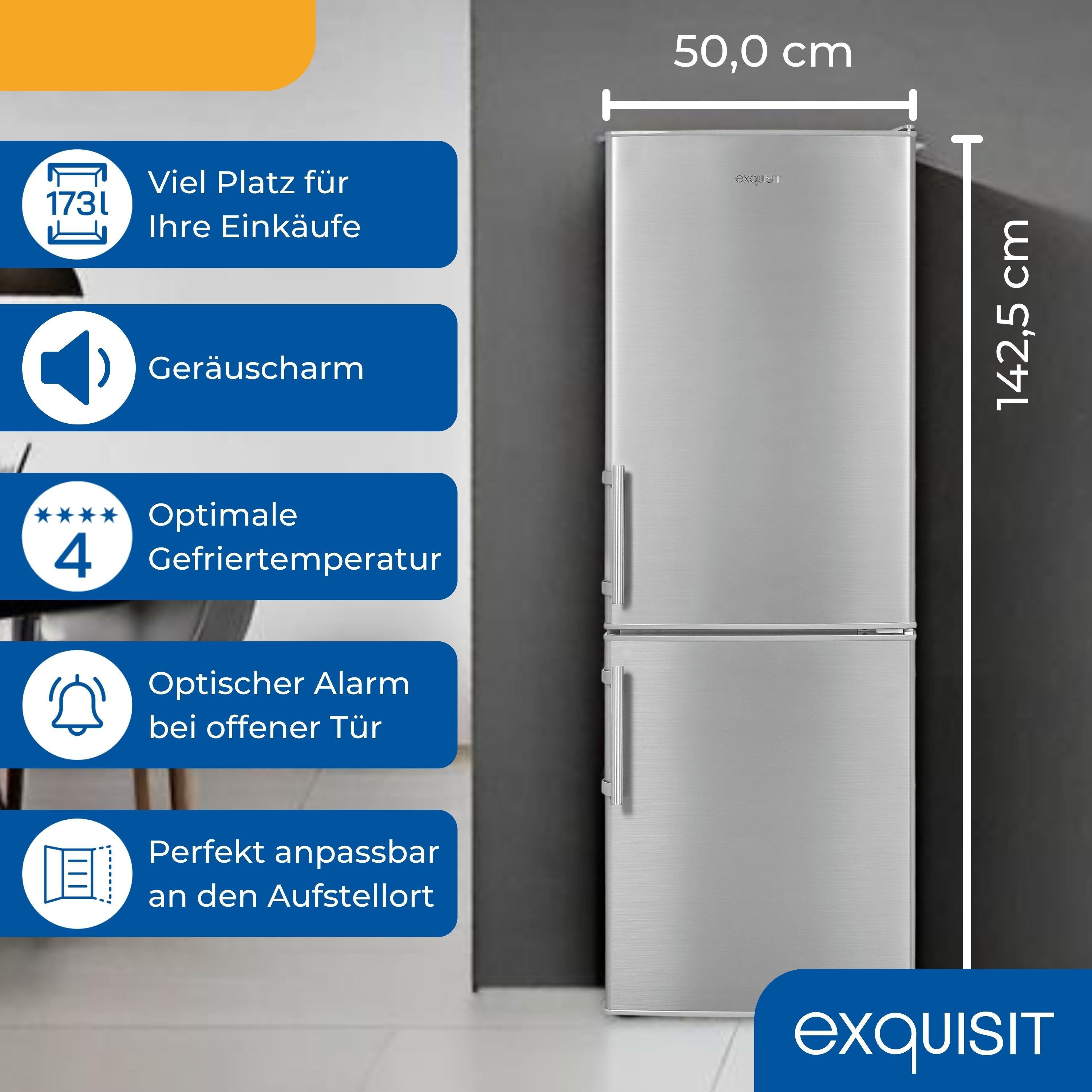 exquisit Kühl-/Gefrierkombination KGC5233-60-HE-040D, 142.5 cm hoch, 50 cm breit, 173 Liter, Alarm-Funktion, 4-Sterne-Gefrierfach, 3 Glasablagen