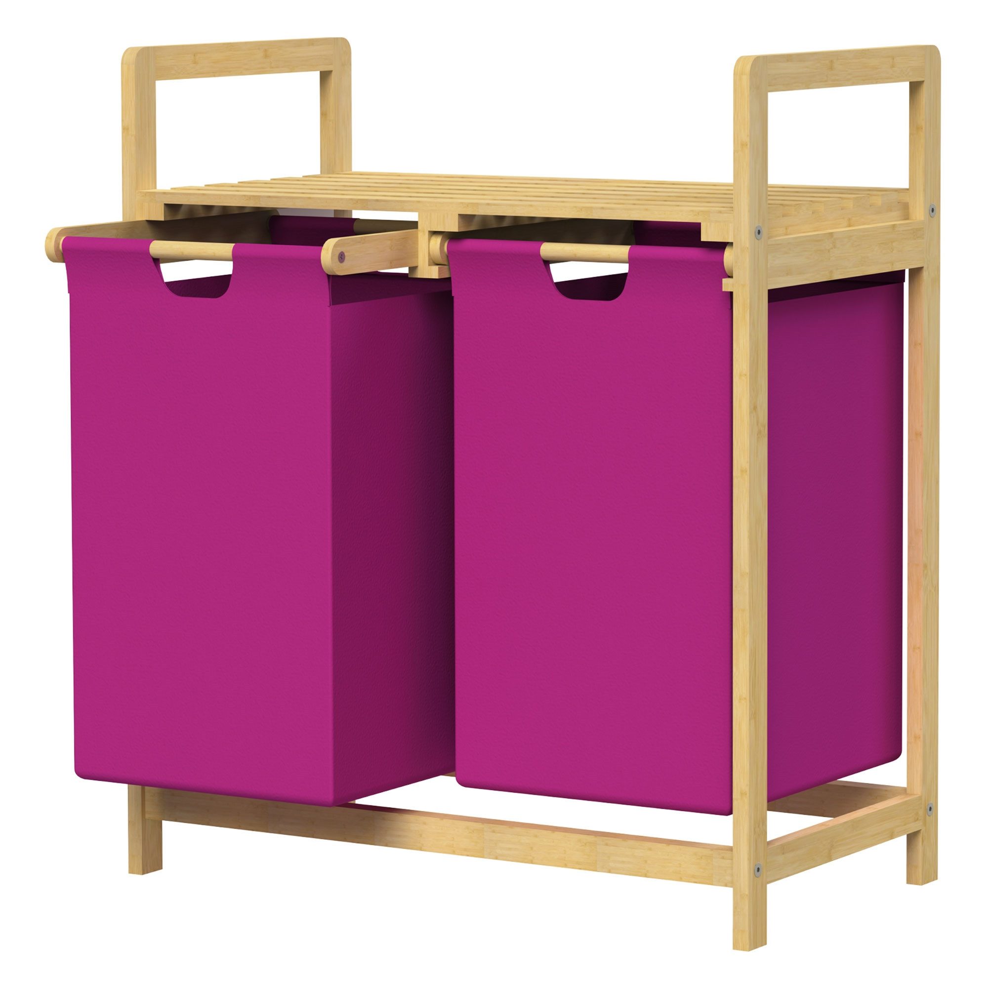 ML-DESIGN Wäschekorb Wäschebox mit 2 Fächern aus Bambus und Oxford-Gewebe für Badezimmer, Wäschesäcken 60L mit Stabiles Holzgestell Rosa 73x63x33cm Wäschetruhe