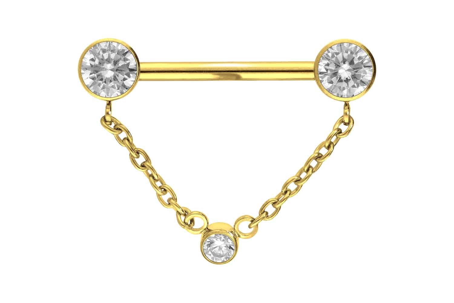 Brustwarzenpiercing Titan Barbell mit Push Fit KETTE + KRISTALLDISCS