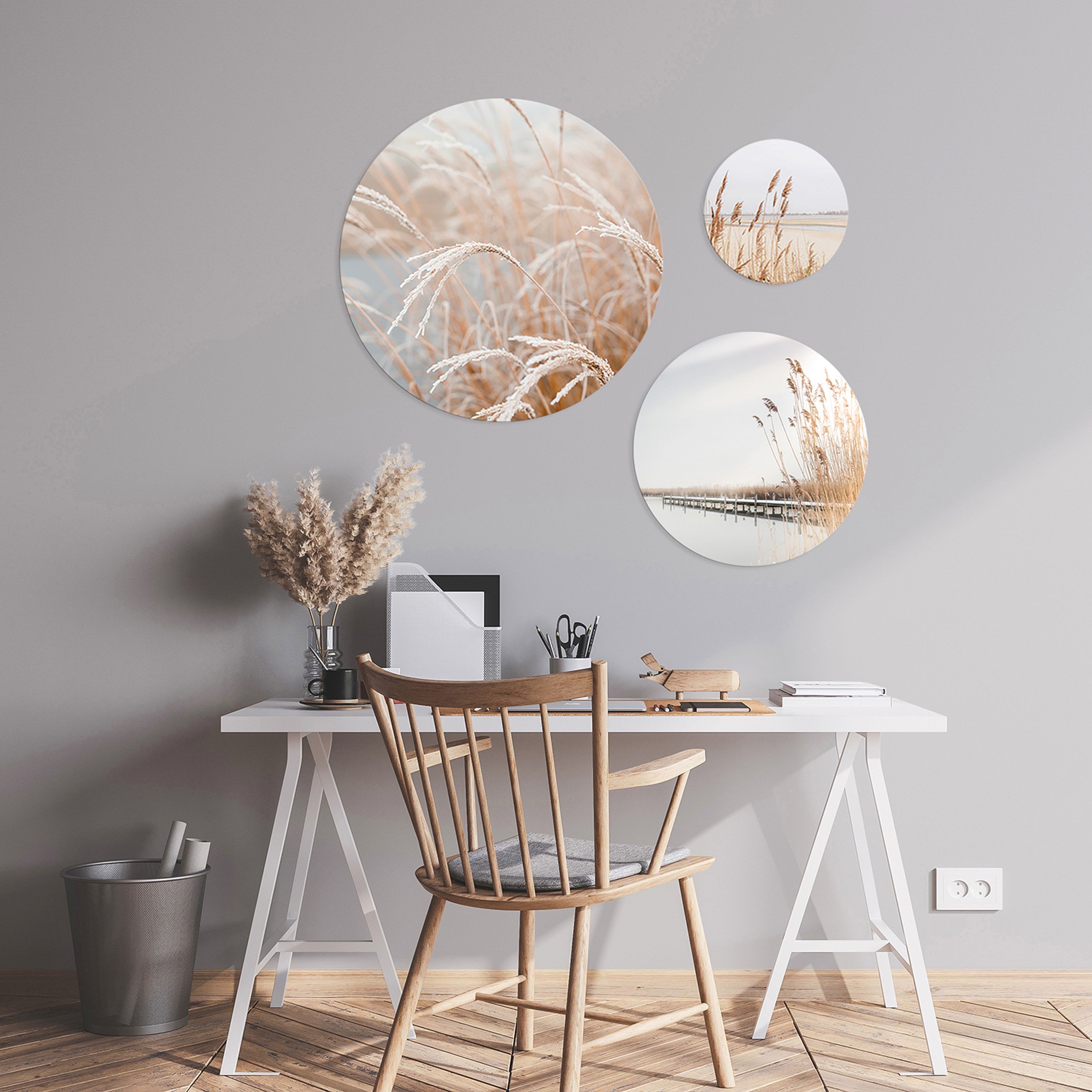 artissimo Mehrteilige Bilder Bilder-Set 3-teilig 55/40/25 cm runde Wandbilder - Wanddeko beige, Boho-Style: Natur / Pampas-Gras