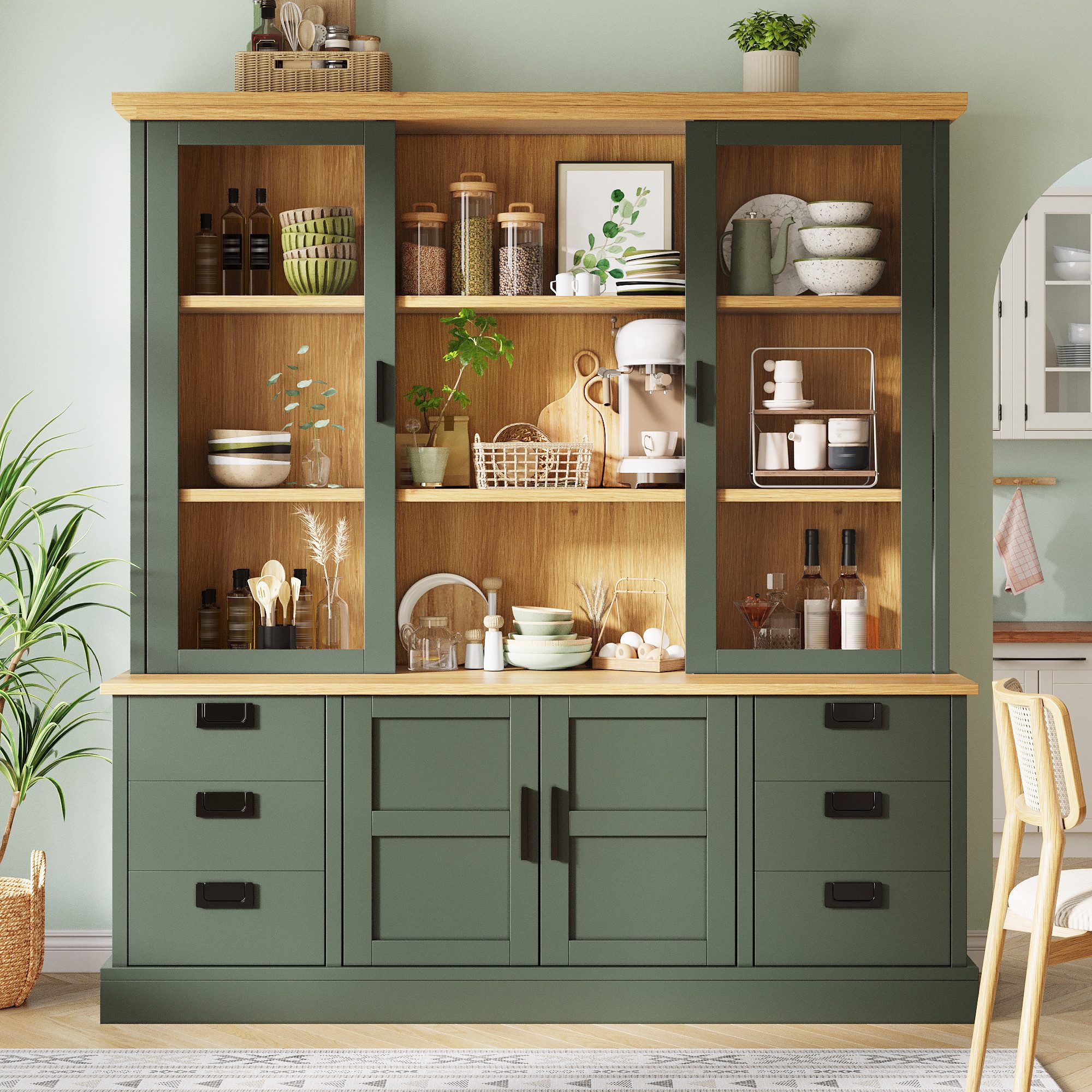 Flieks Küchenbuffet Glasvitrine Hochschrank mit 2 Glastüren und 6 Schubladen (1-St., B140/T40/H185 cm) Mehrzweckschrank Multifunktionsschrank Bücherregal Dunkelgrün & Natur