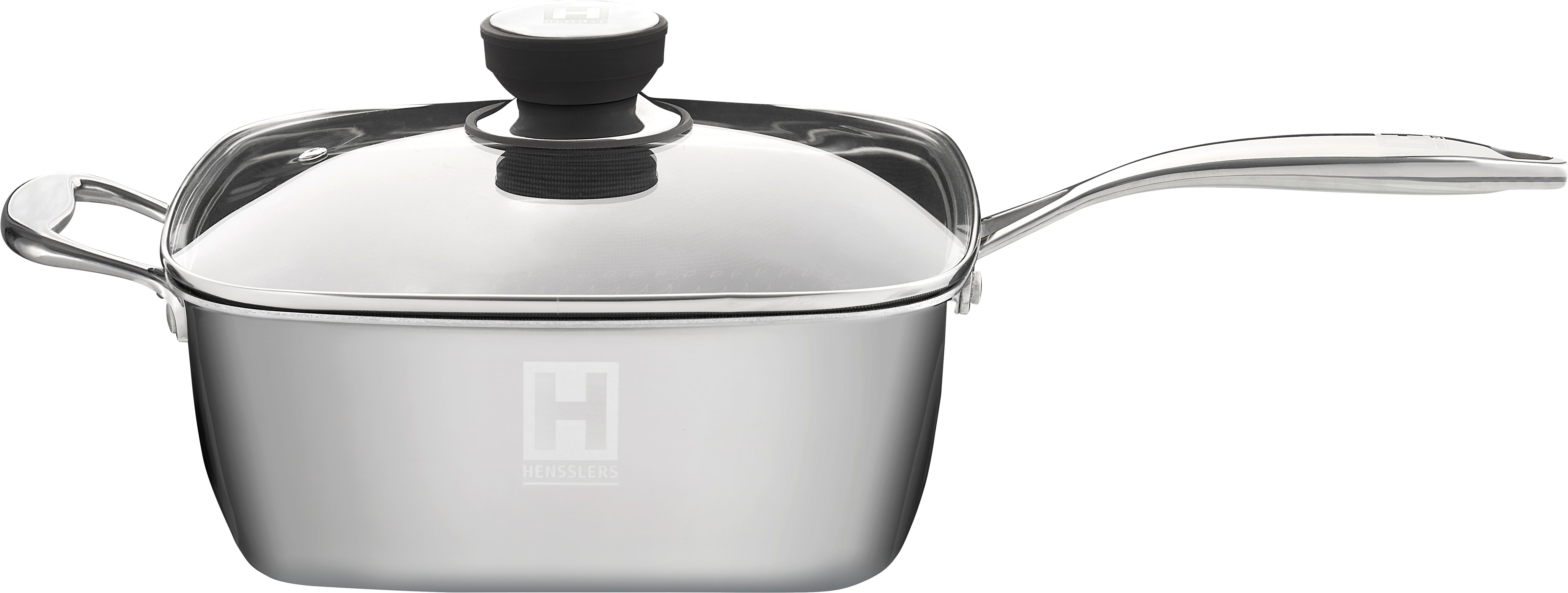 HENSSLERS Servierpfanne HENSSLERS Edelstahl Viereck-Hochrandpfanne mit Glasdeckel, Edelstahl (4-tlg), inklusive Dünst- und Grilleinsatz