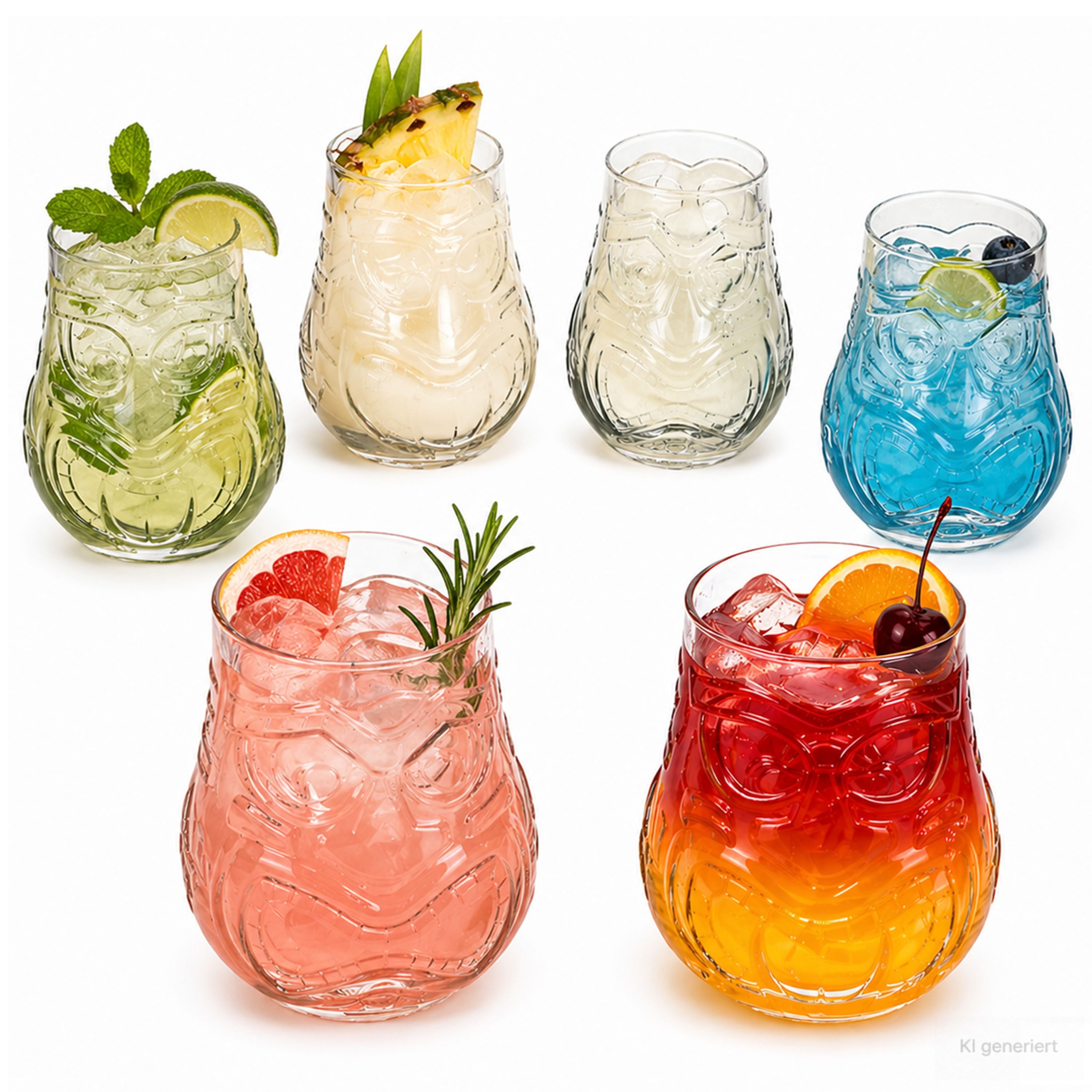 MamboCat Cocktailglas 6er Set Tiki Cocktailgläser Trinkgläser mit Tiki Dekor Longdrinkglas, Glas