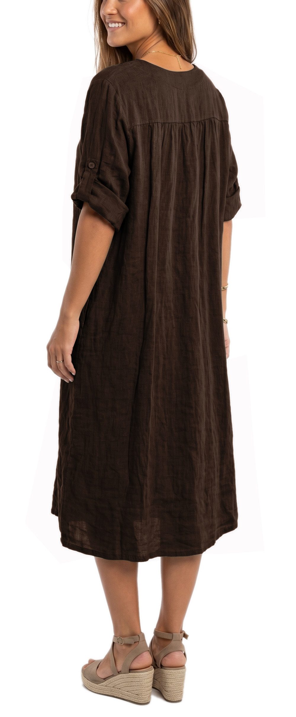 dy_mode Hemdblusenkleid Damen Leinenkleid Midi Hemdblusenkleid mit V-Ausschnitt Freizeitkleid in Unifarbe, V-Ausschnitt, mit seitlichen Eingriffstaschen