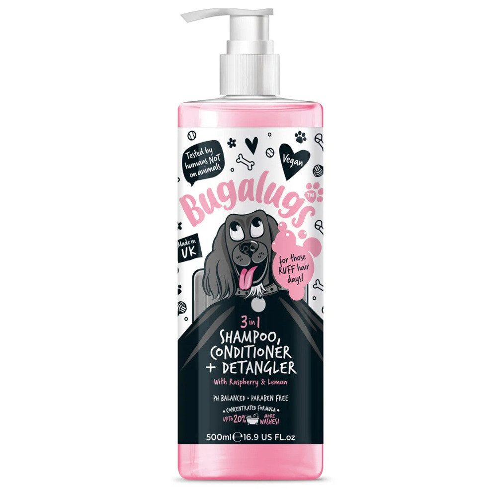 Bugalugs Tiershampoo Bugalugs Hundeshampoo 3in1 Conditioner Entwirrer Himbeer Zitrone Duft, 500 ml, (1-St), pH neutral, Hundeshampoo, mit Vitaminen, 3in1 Formel