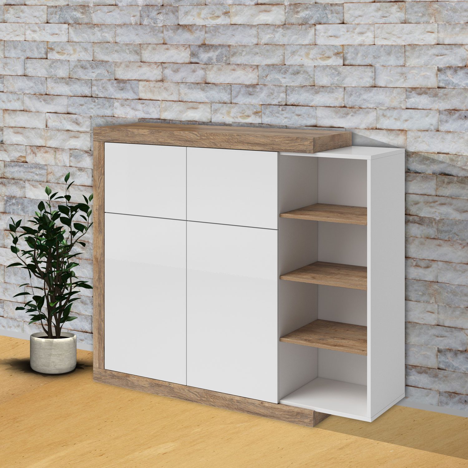 Helvetia Highboard Saragossa (Sintra, 1 St., 1-teilig), 220cm weiß Hochglanz / samdal eiche grifflos