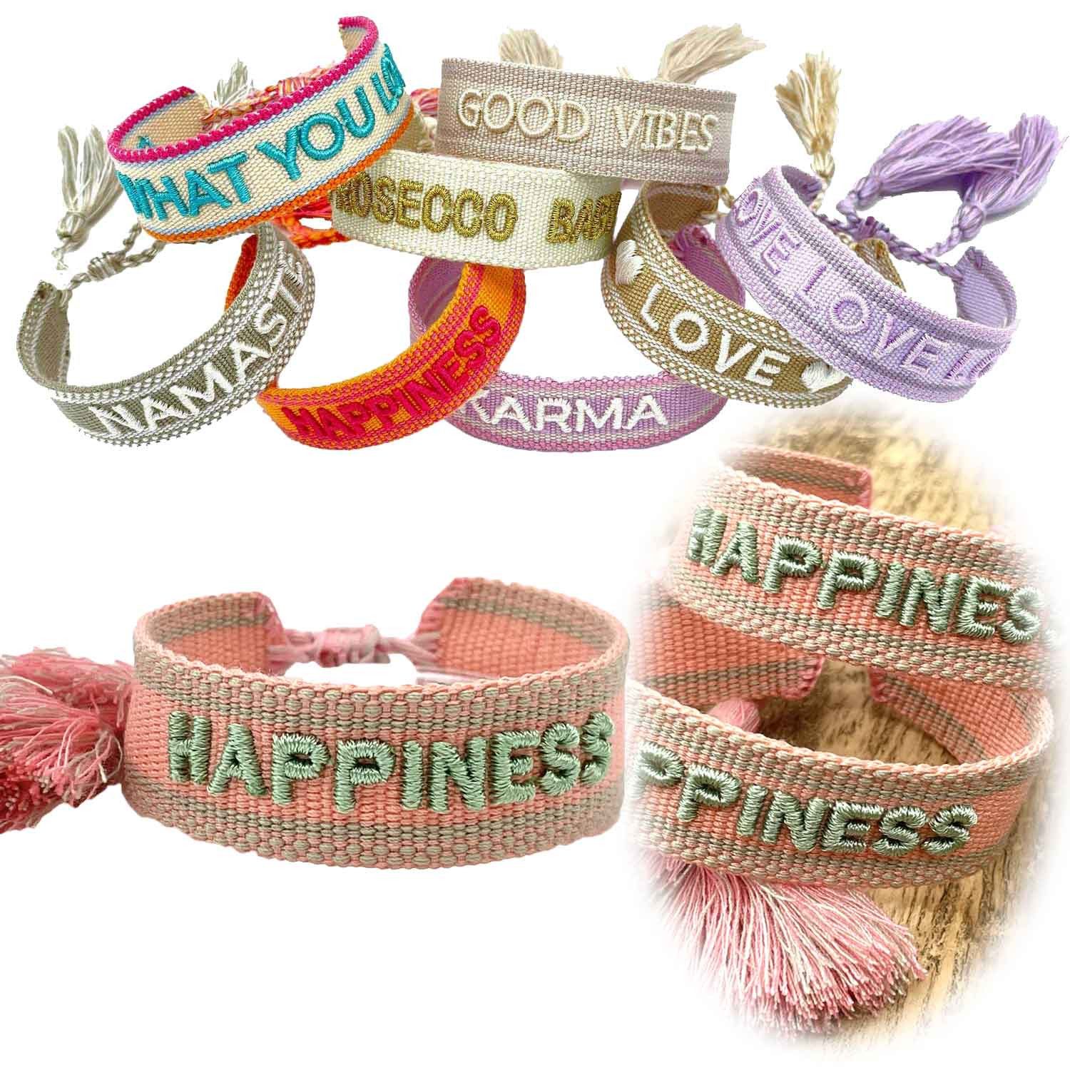 LS-LebenStil Armband Canvas Statement Armband Happiness Lachs Sage Grün Quasten bestickt (Baumwollarmband Webarmband Armbandliebe Freundschaftsarmband Freundschaftsband Partnerarmband, 1-tlg., textil geflochten gewebt - hochwertiger gestickter Spruch), pe