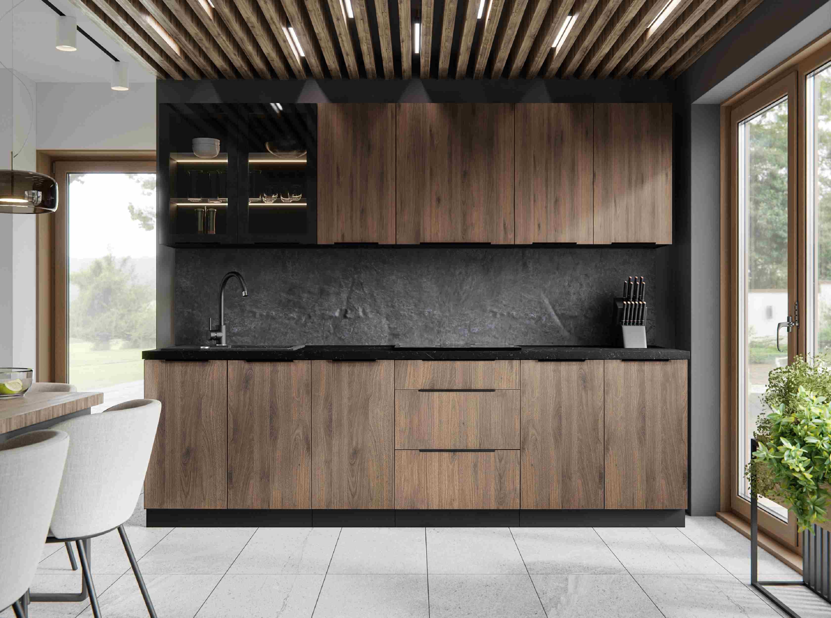 Furnix Küchenzeile Iconica Einbau-Küche 260 cm Küchenmöbel-Set braun Okopi Nuss, Maße 260x85,8x60 cm mit Arbeitsplatte, elegantes topaktuelles Design