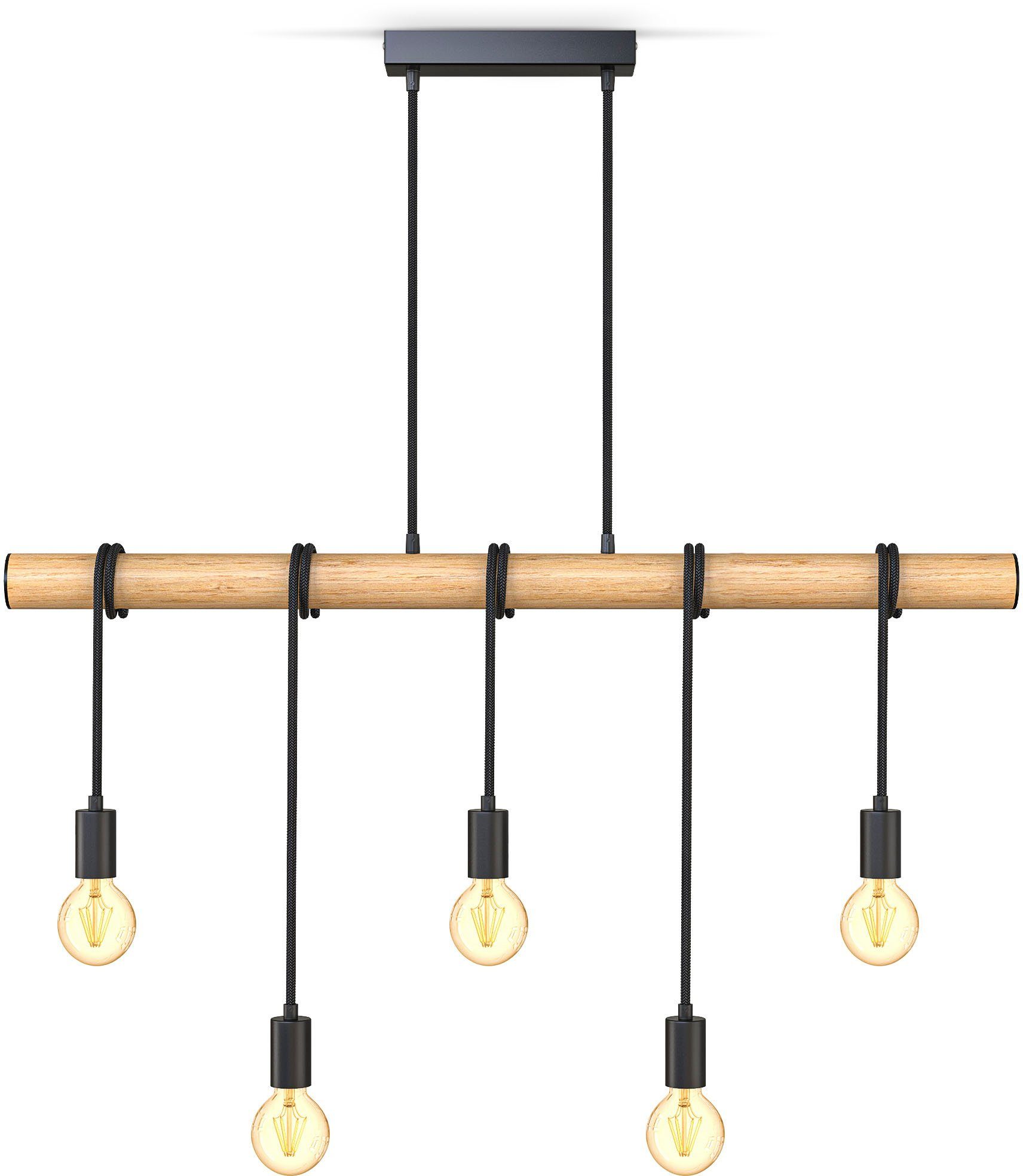 ohne B.K.Licht L: Leuchtmittel BK_PL1339 E27-Fassung, 60W), matt, 90cm Hängelampe Esstisch, (max. Pendelleuchte Schwarz Leuchtmittel, Holz-Pendellampe, 5-flammig, ohne