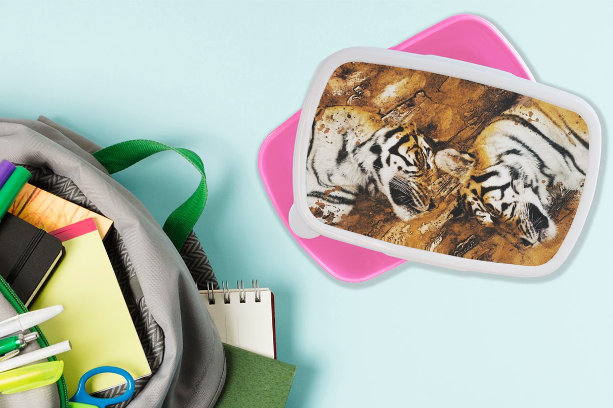 Kunststoff Erwachsene, für Snackbox, - Tiger Kunststoff, Baum Lunchbox (2-tlg), Brotbox MuchoWow Brotdose Mädchen, Natur, Kinder, - rosa