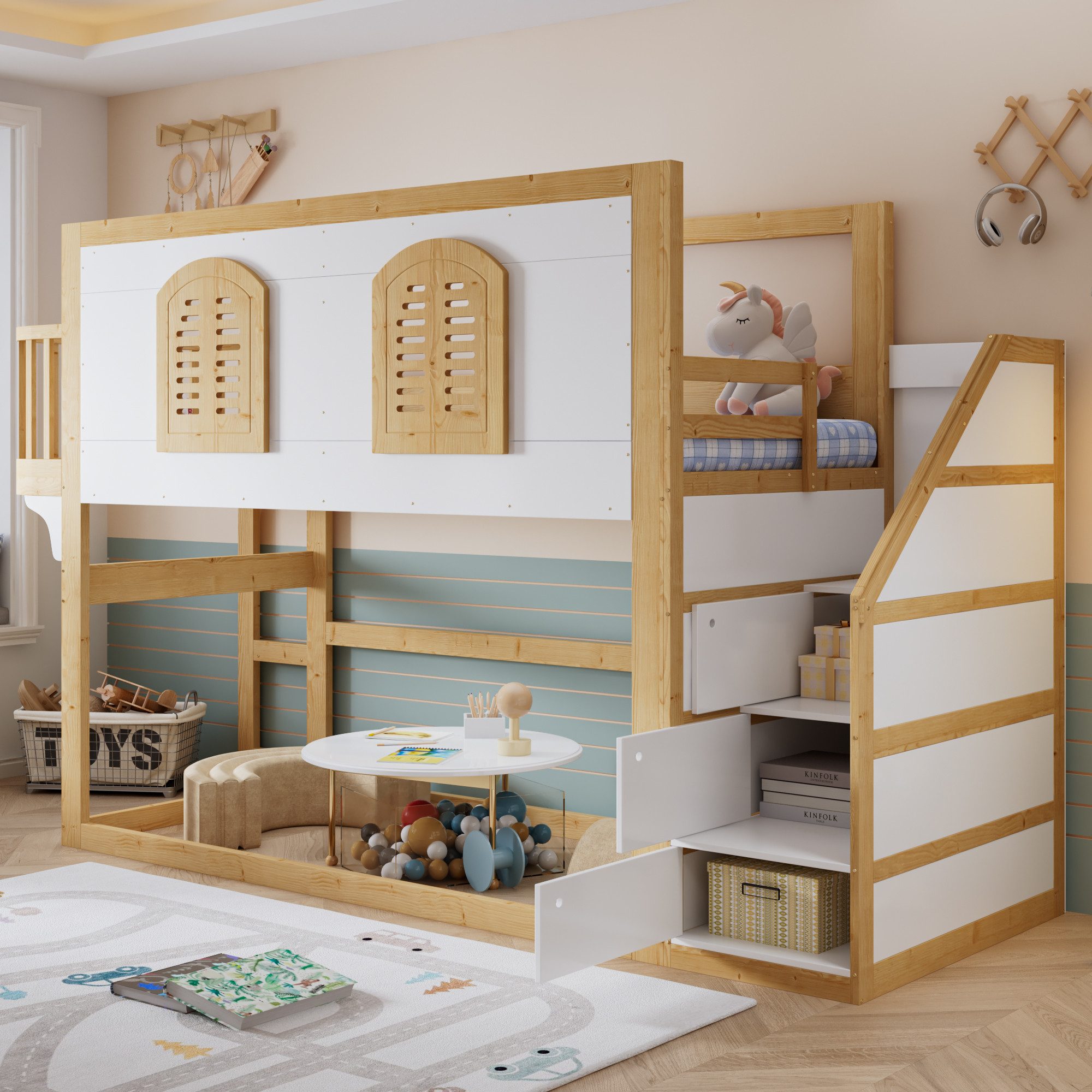 TavilaEcon Hochbett Kinderbett mit Treppenschrank, Spielfläche & Fensterdesign (1-St) mitTreppenschrank und Massivholz in Naturoptik, 90x200cm