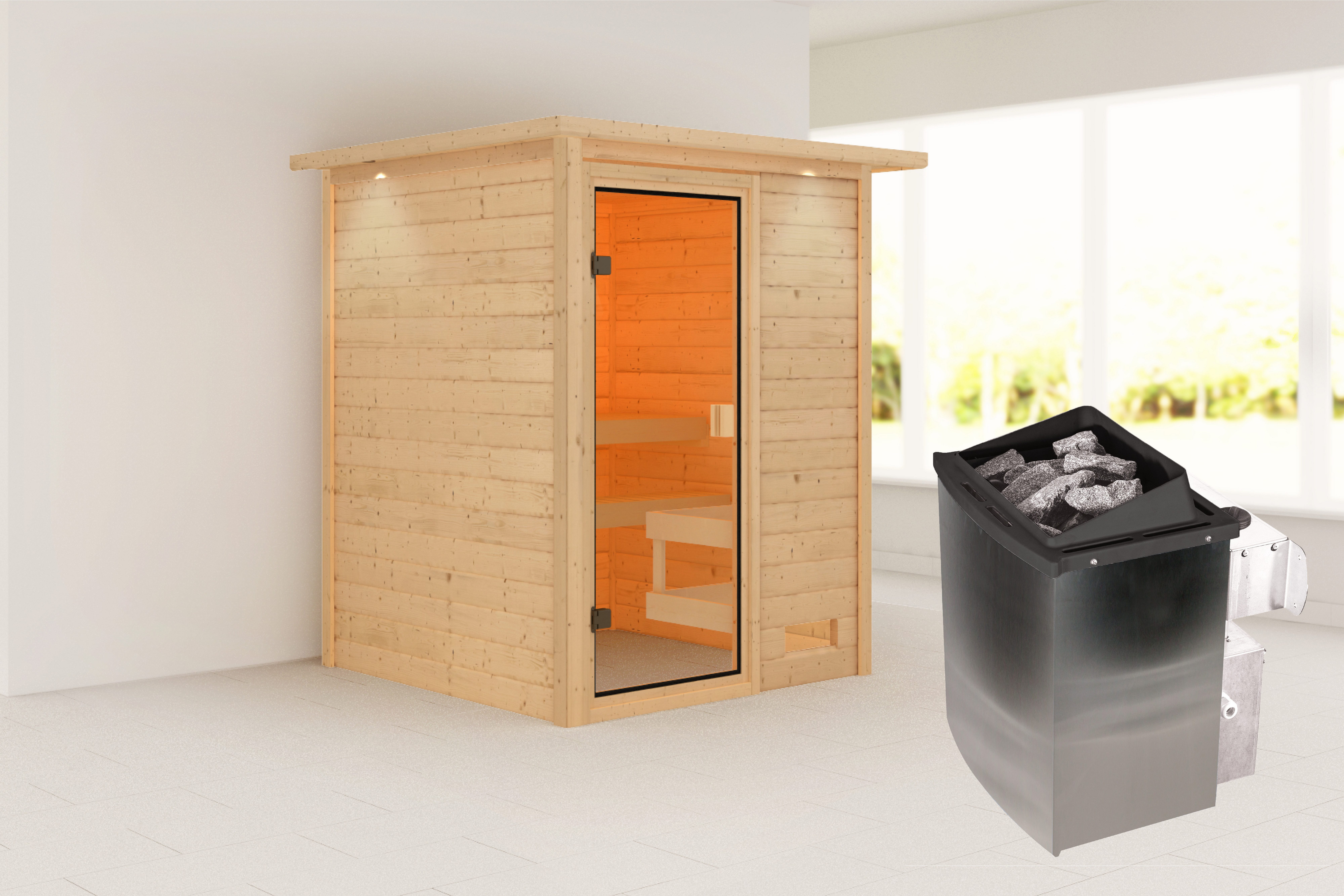 Karibu Sauna "Sandy" mit bronzierter Tür und Kranz, Ofen 9 kW, naturbelassen, BxTxH: 173 x 159 x 191 cm, 38 mm, aus hochwertiger nordischer Fichte und 9 kW Ofen mit integr. Steuerung