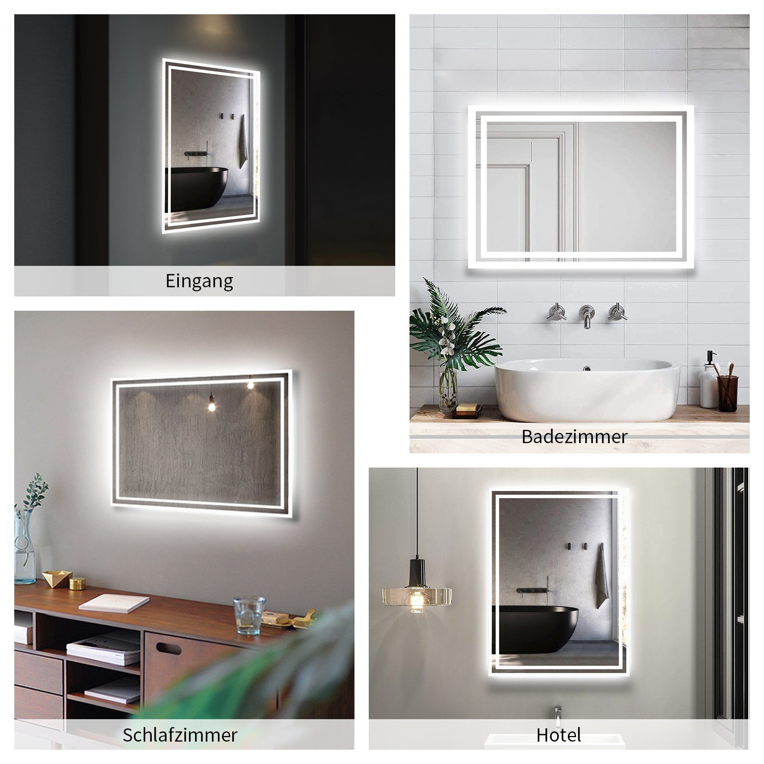WDWRITTI Badspiegel Badspiegel Spiegel Rechteckig mit LED Beleuchtung 60x40cm Kaltweiß (LED Beleuchtung mit langer Lebensdauer bis zu 50.000 Stunden, 5mm Umweltfreundlicher bronzefreier Spiegel, Vertical/Horizontal)