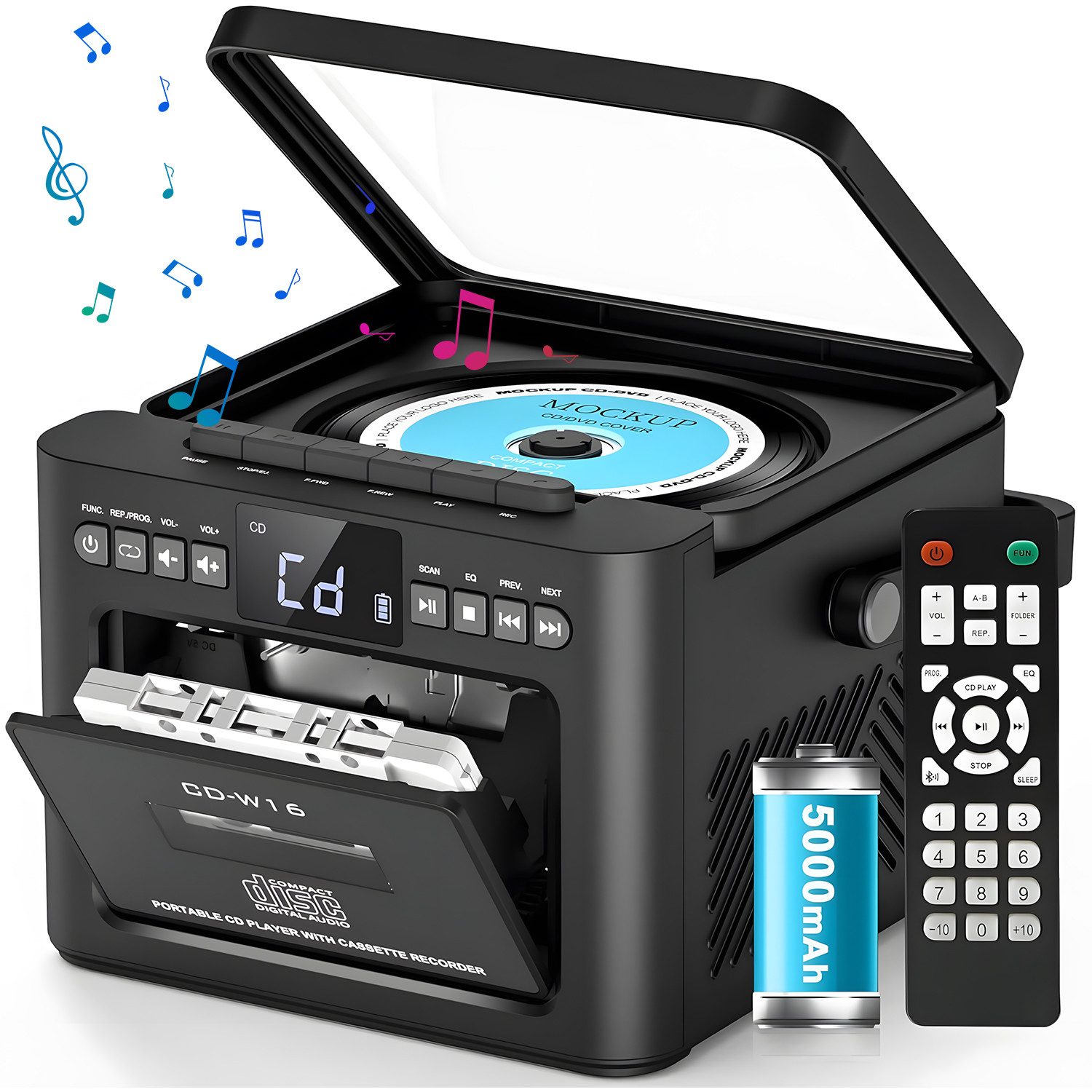 AKKEE mit Bluetooth-Lautsprecher, FM-Radio und Kassettenspieler Stereo-CD Player (USB-/AUX-/SD-Karten-Anschluss, USB-Aufladung)