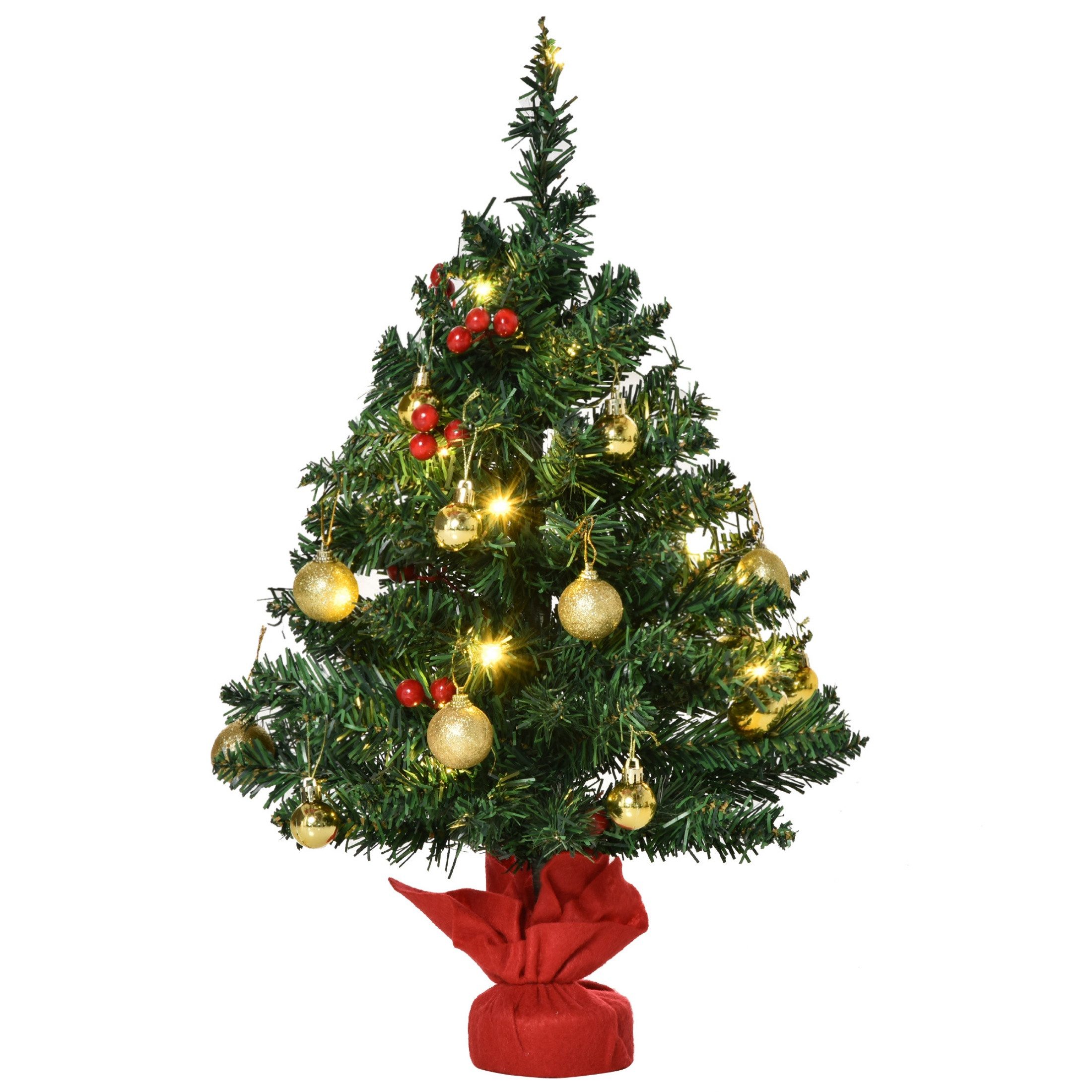 Blossom Künstlicher Weihnachtsbaum Mini Weihnachtsbaum 60 cm, künstlicher Christbaum mit 15 LED-Lichtern, Weihnachtskugeln und Stechpalmenbeeren, Tischdeko aus PVC, Ø 40 cm