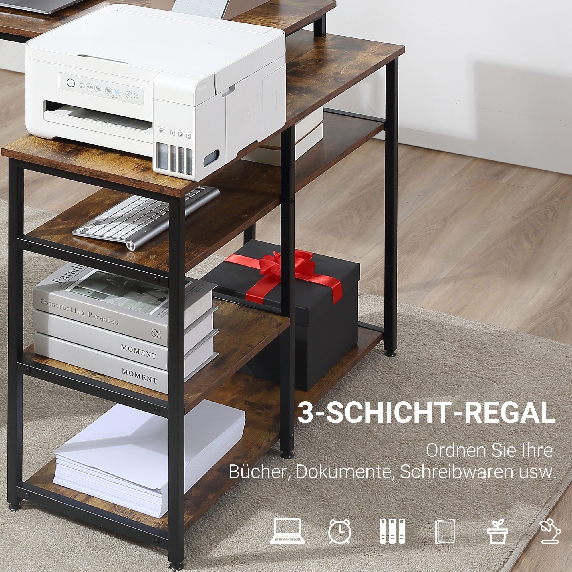 MC Star Eckschreibtisch L-Form PC-Tisch mit Regal und Schublade 135x90x79cm rustikales (Braun Spanplatte Metall für Büro & Home Office)