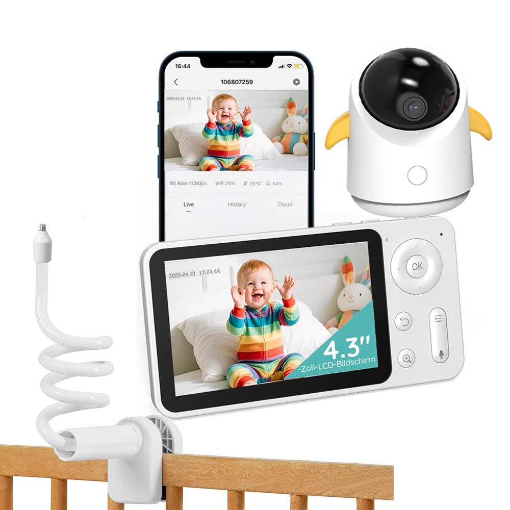 Boifun Babyphone WLAN Babyphone mit Kamera 4,3 Zoll 2MP HD Video Babyfon mit App, IR Nachtsicht Zwei Wege Audio 360 Gard Temperaturüberwachung, 4×Digitalzoom Bewegungsverfolgung Weinen/Bewegungs/Geräuscherkennung, Unterstützt Mehrere Schlaflieder zum Aufrufen mit einem Klick