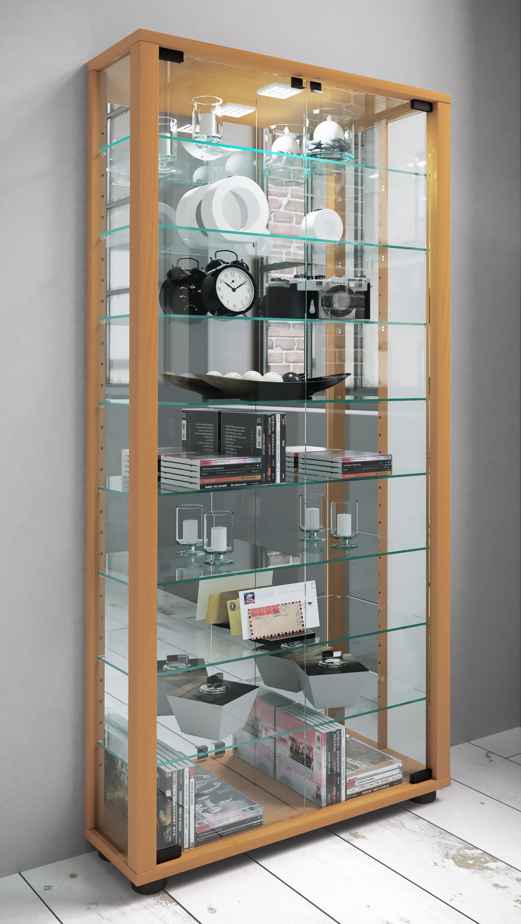 VCM Standvitrine Glasvitrine Lumo mit Glastüren, Spiegel und Glasvitrine stehend, Modern und platzsparend, Glasschrank