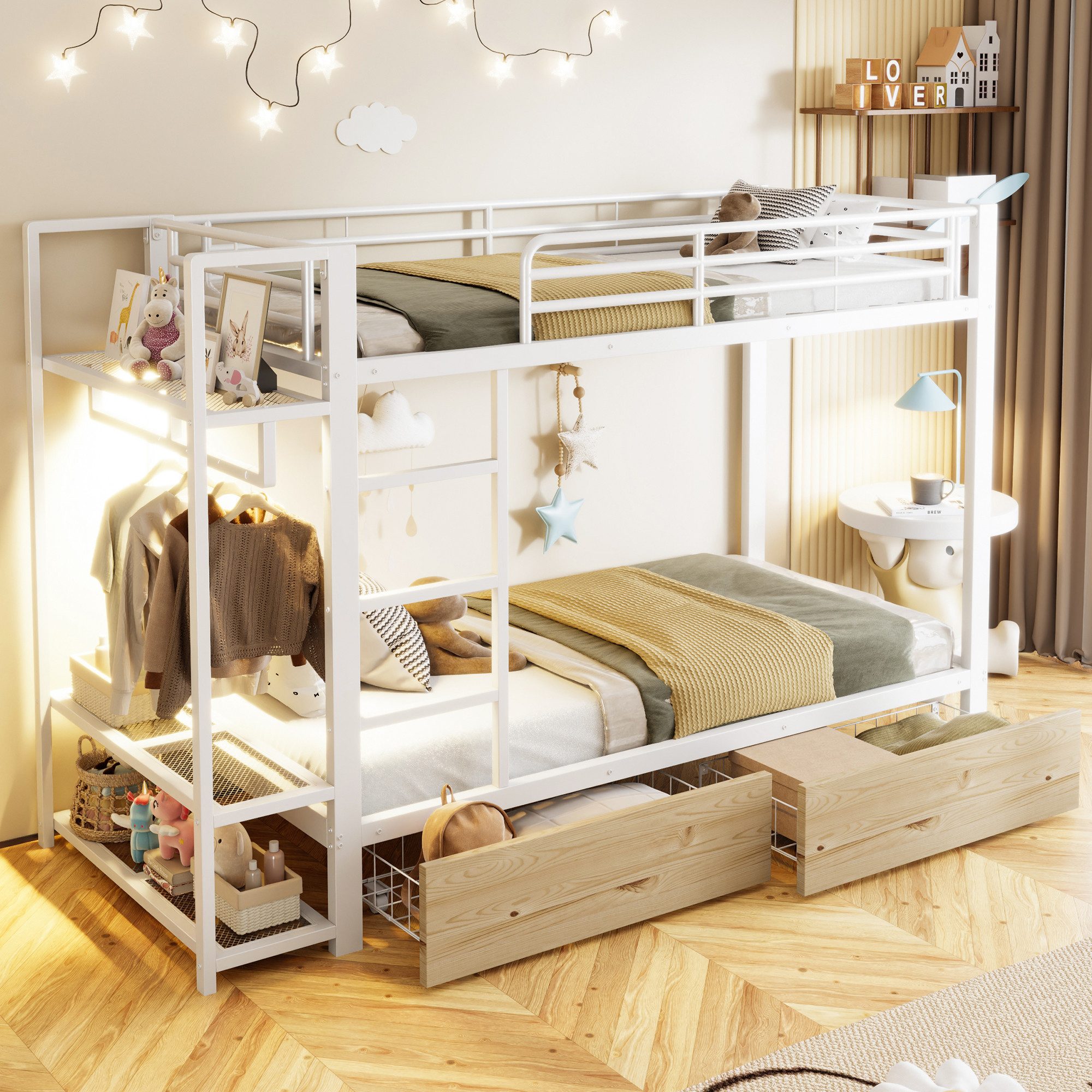 OKWISH Etagenbett Kinderbett Funktionsbett (mit Stauraum, 2 Schubladen, LED-Beleuchtung, integrierter Kleiderstange und Ablageflächen, 90x200 cm), ohne Matratze