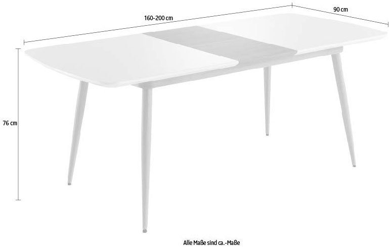 INTER-FURN Esstisch ausziehbar 160 Tischplatte Lack, (1-St), Bozen Metallgestell Weiß bis 200 cm