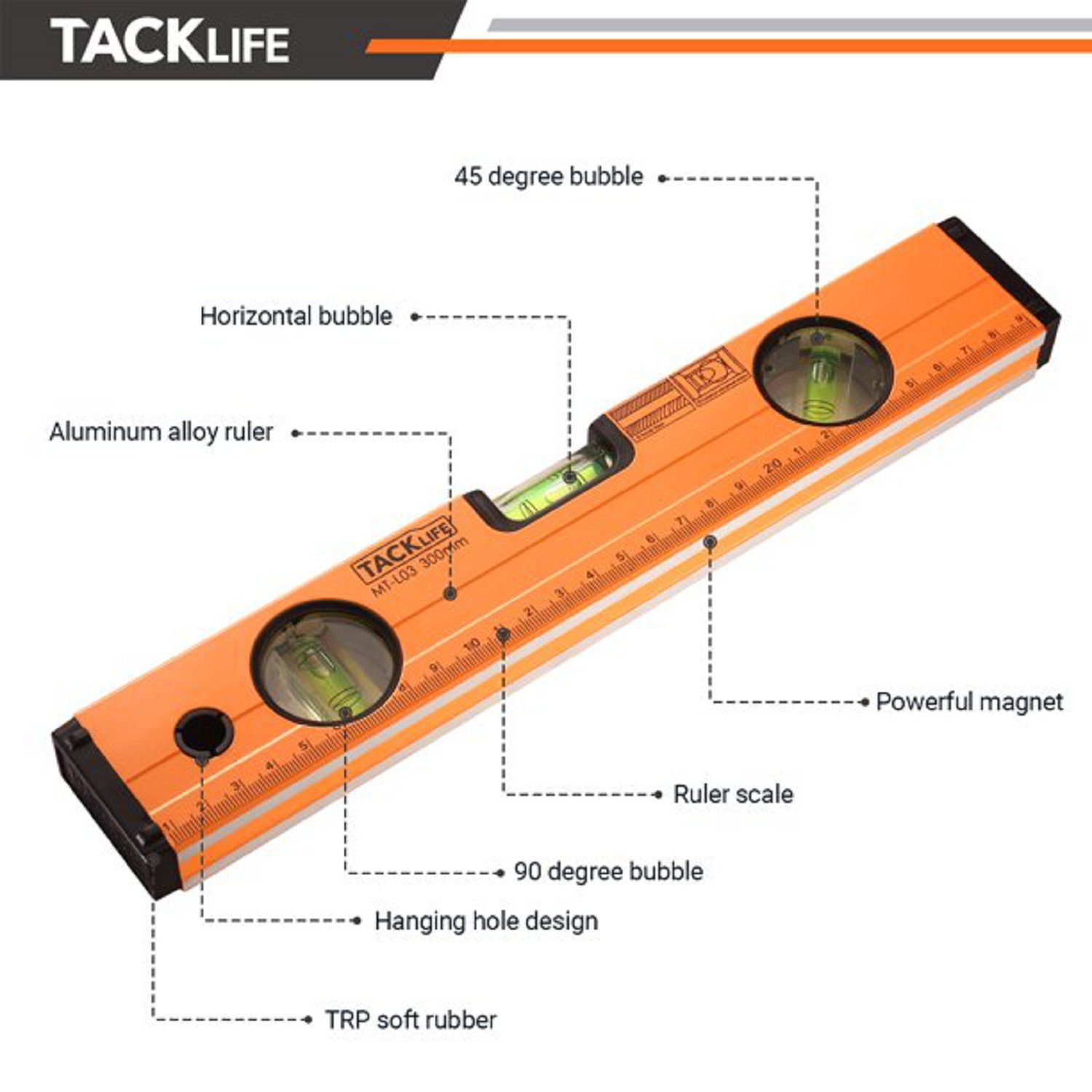 TACKLIFE Wasserwaage, 300mm Röhrenlibelle mit Messwegen Magneten 3 und