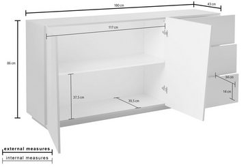 möbelando Sideboard Viterbo, Modernes Sideboard aus Spanplatte in Weiß-Hochglanz mit 2 Holztüren, 3 Schubkästen und 1 Konstruktionsboden. Breite 180 cm, Höhe 86 cm, Tiefe 43 cm