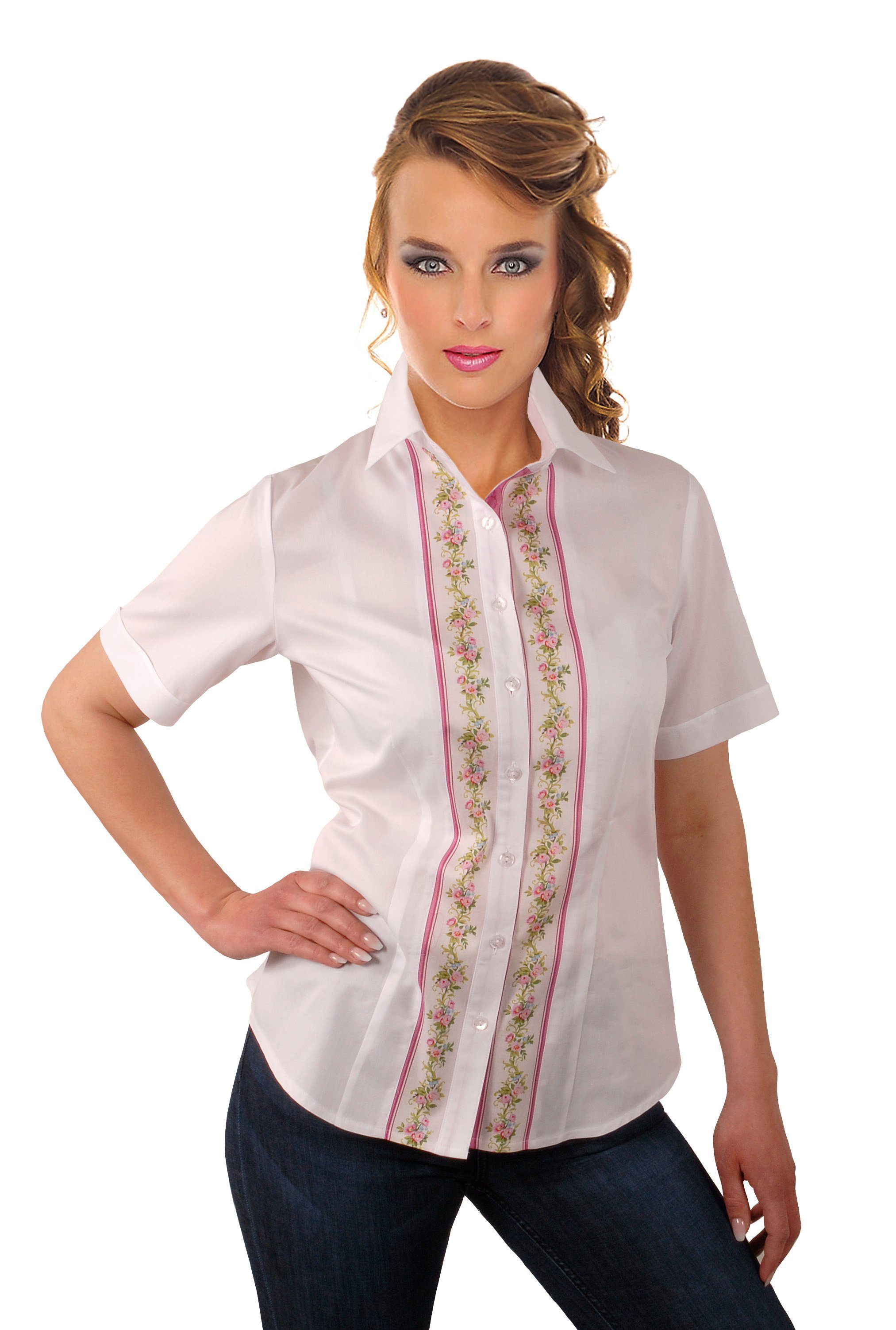 Moschen-Bayern Trachtenbluse Trachtenbluse Damen Bluse Damenbluse Kurzarm Rosen Weiß Rosa Bluse, Damenbluse, Trachtenbluse, Kurzarmbluse, Hemdbluse, Jeansblusen
