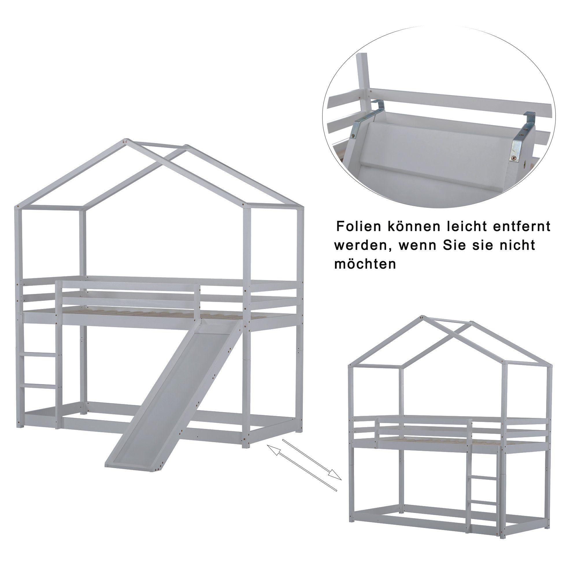 90×200CM), (1-St., Einzelbett werden Lattenrost, mit Massivholz-Etagenbettrahmen Grau ein in Etagenbett Kann umgewandelt mit BlingBin Rutsche, Kinderbett Hausbett