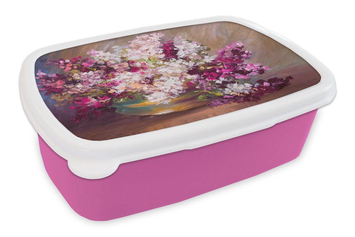 MuchoWow Lunchbox Ölfarbe - Flieder - Farben, Kunststoff, (2-tlg), Brotbox für Erwachsene, Brotdose Kinder, Snackbox, Mädchen, Kunststoff rosa