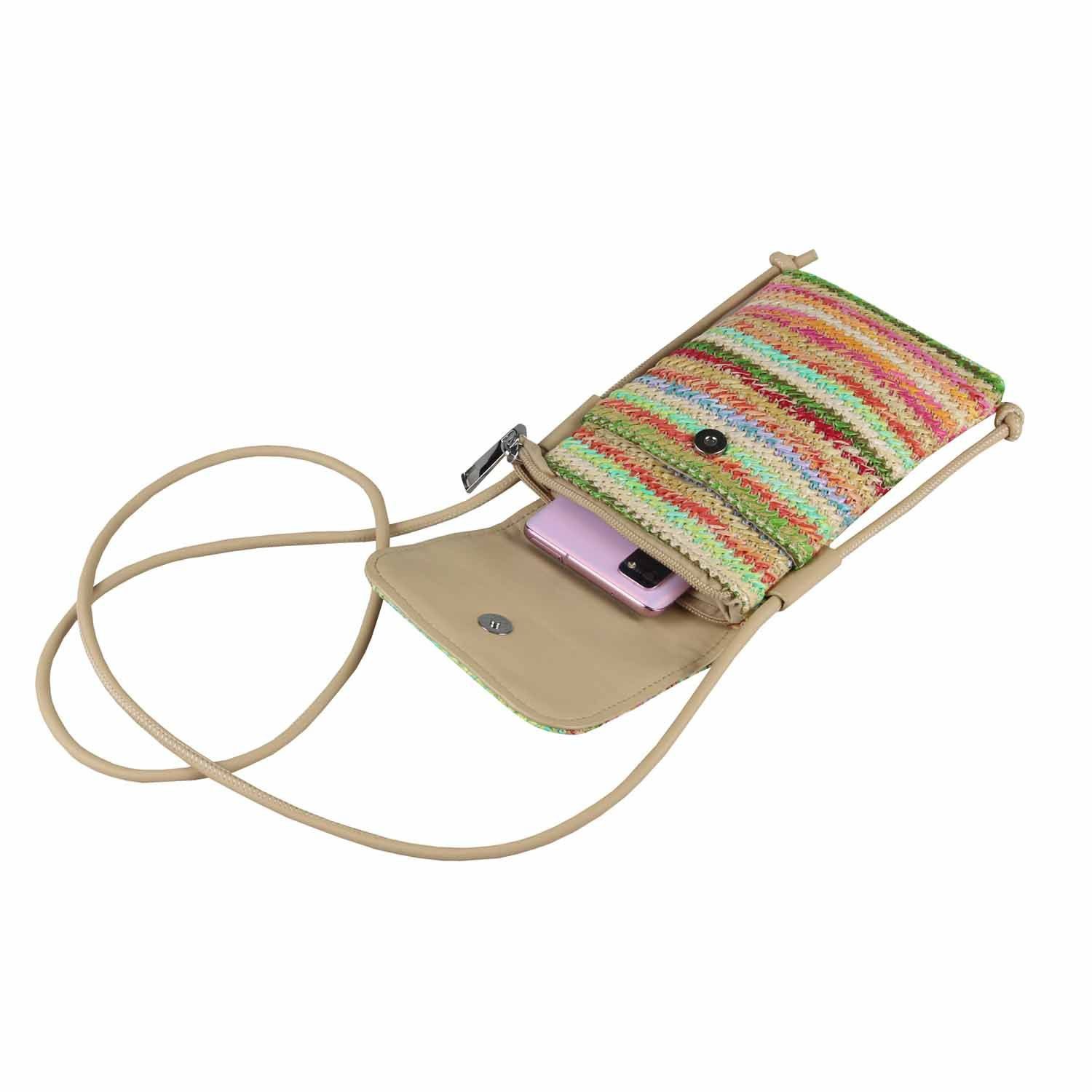 ITALYSHOP24 Geldbörse Damen Stroh Tasche Handytasche Crossbody Umhängetasche Strand Bodybag (Stilvoller Bast-Handytasche mit Details, eleganter Begleiter für Sommer & City, Stroh), Smartphone Freizeit Geflecht Brieftasche Schultertasche Bast Crossover