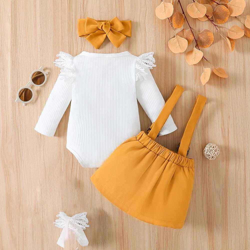 LAPA Anzug 3-teilig Baby süßer 3-tlg, Strampler Set Partykleidung und & verstellbare Stilvolle schöne Farben, Haarband & Trägerkleid Träger