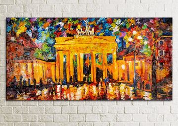 YS-Art Gemälde Brandenburger Tor, Architektur, Leinwand Bild Handgemalt Berlin bei Nacht Orange Rot