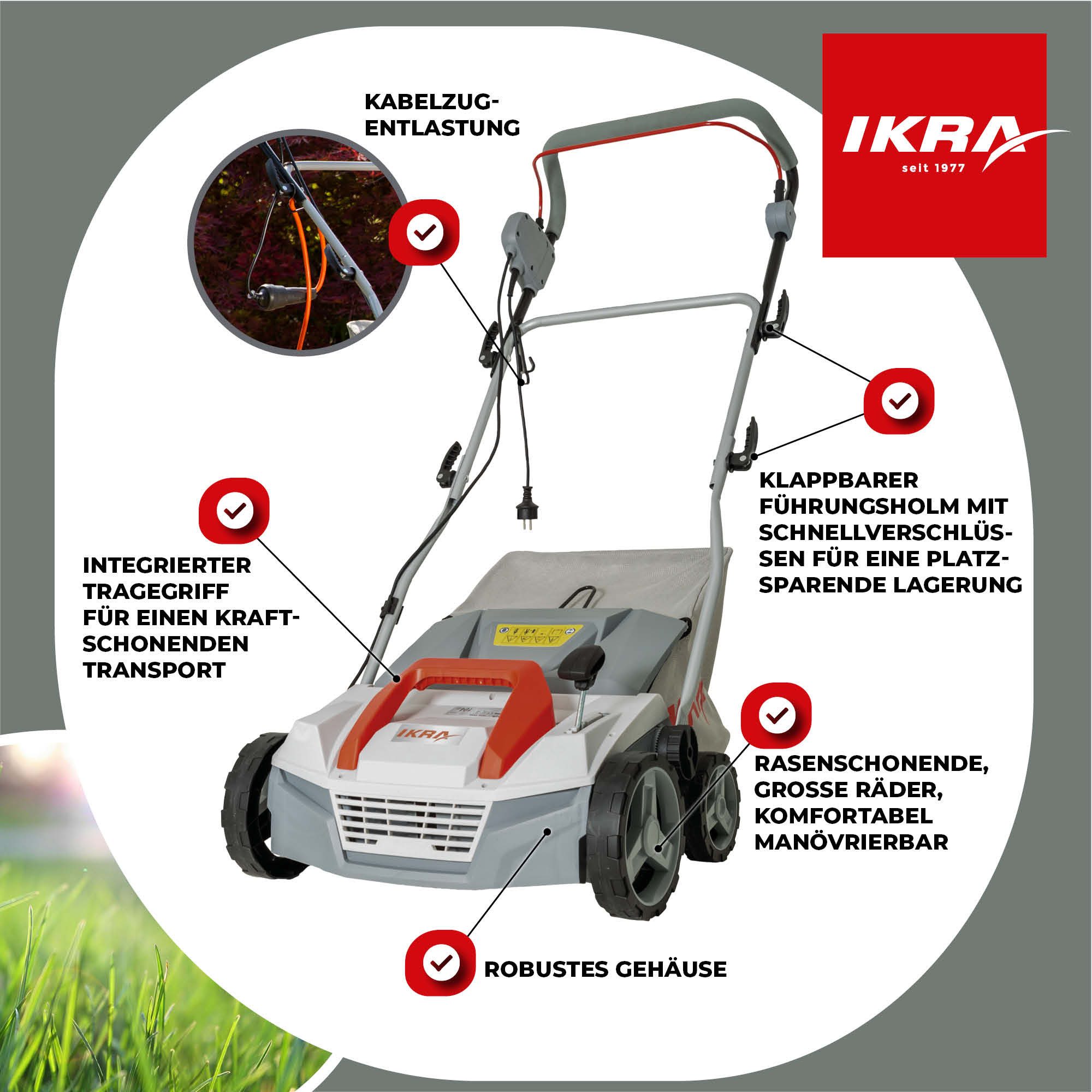 ikra GmbH Elektro-Vertikutierer IEVL 1838, 38 cm Arbeitsbreite, (inkl. Walzen & Fangkorb), 2in1 Gerät, 1.800 Watt, werkzeugloser Walzenwechsel – Bild 3 von 5