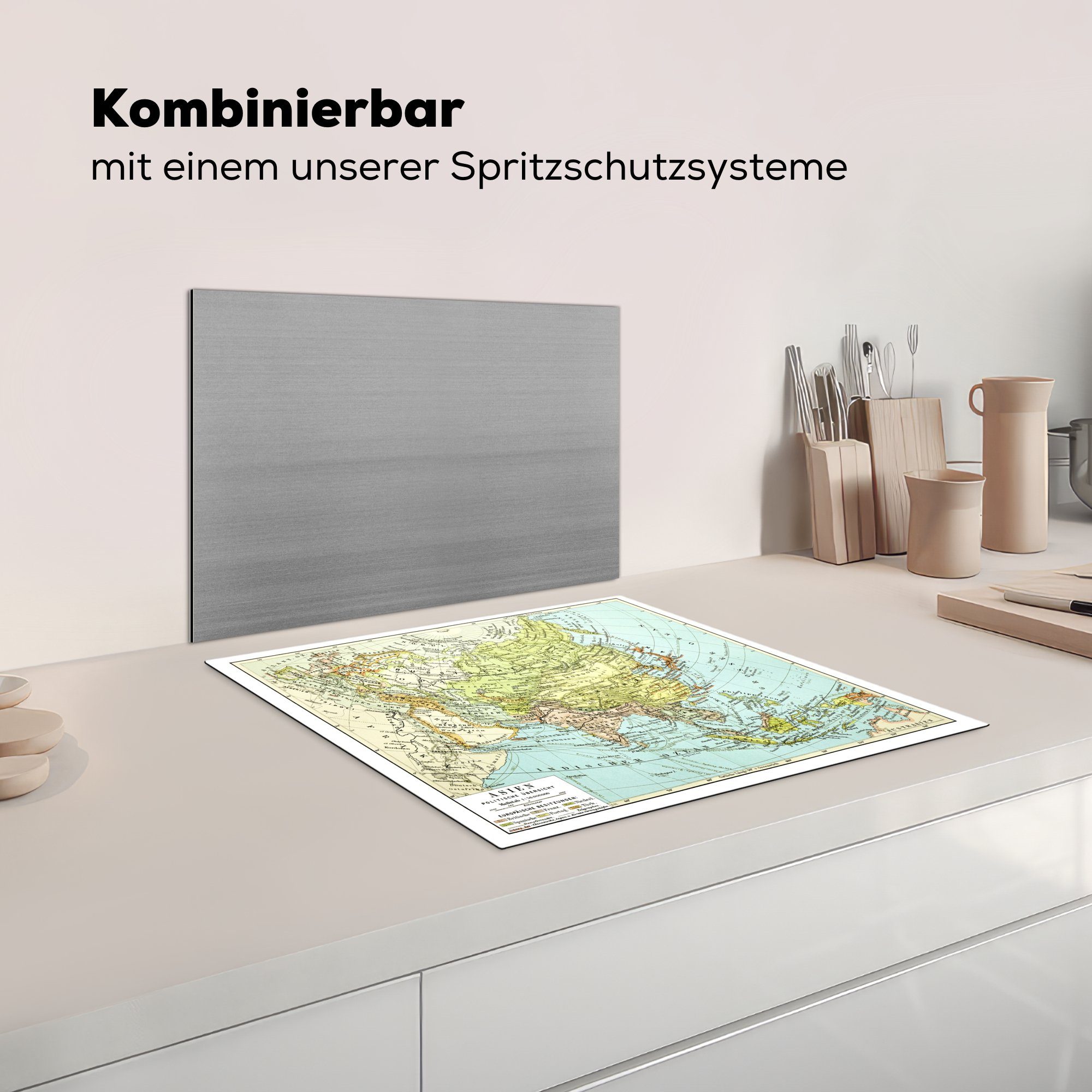 MuchoWow Herdblende-/Abdeckplatte tlg), Vinyl, Klassische 60x52 Asien, Mobile Weltkarte cm, (1 nutzbar, Ceranfeldabdeckung Arbeitsfläche