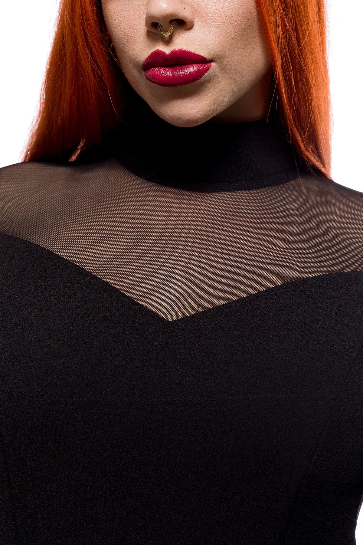 Ocultica Minikleid Schwarzes Gothic Kleid mit Netzeinsatz, weiten Trompetenärmeln und Rei gothic