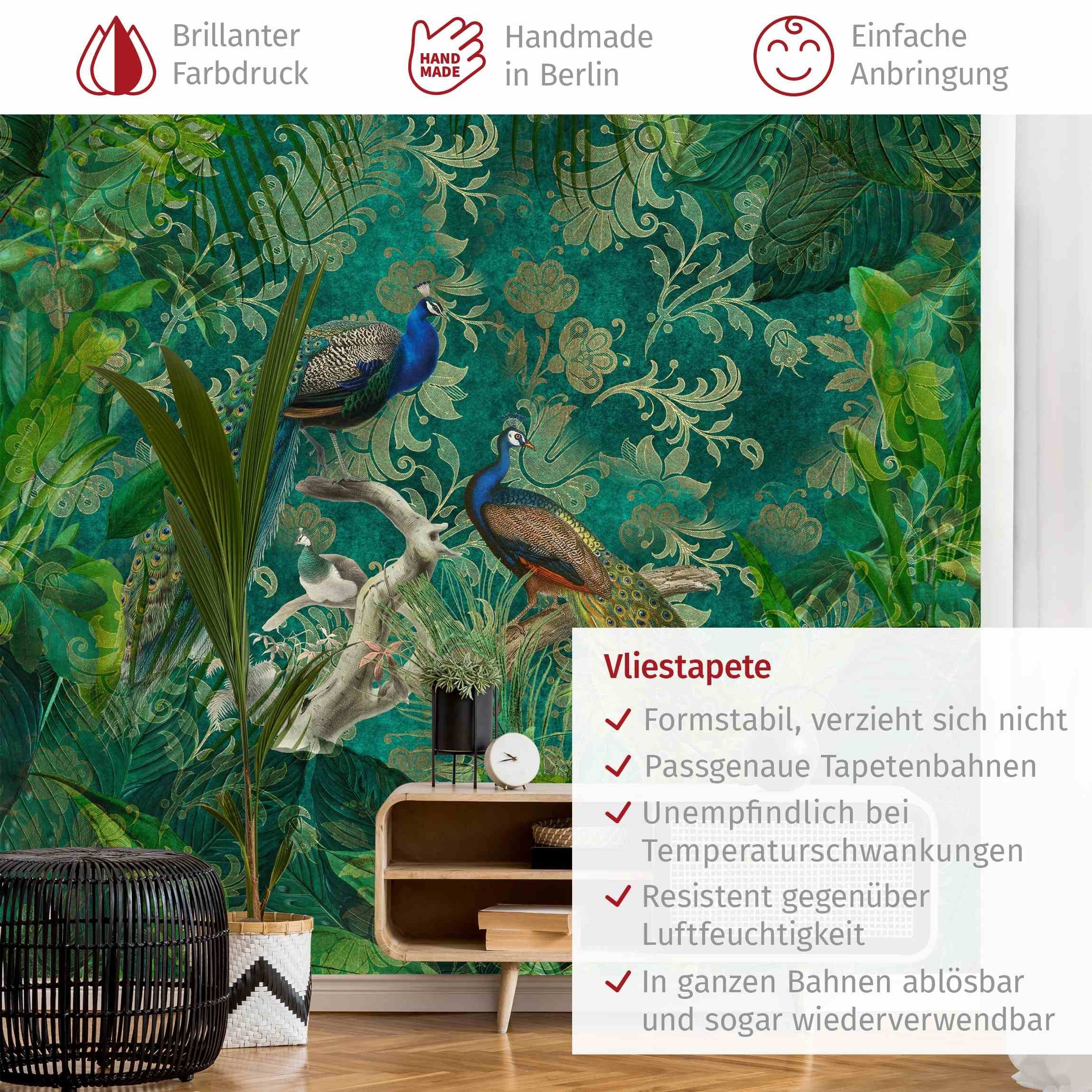 Bilderdepot24 Vliestapete Vintage Shabby Chic Collage Edler Pfau Dschungel Tropisch Wanddeko, Glatt, Matt, (Vliestapete inkl. Kleister oder selbstklebend), Wohn – Bild 3 von 5
