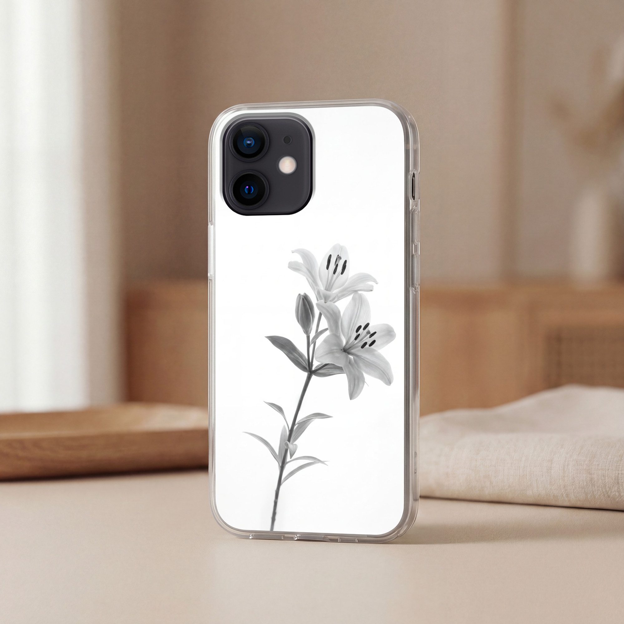 MuchoWow Handyhülle für Apple iPhone 12 Mini Lilien - Elegant - Schwarz - Weiß, Smartphone-Bumper, Print, Handy Schutzhülle Dünn