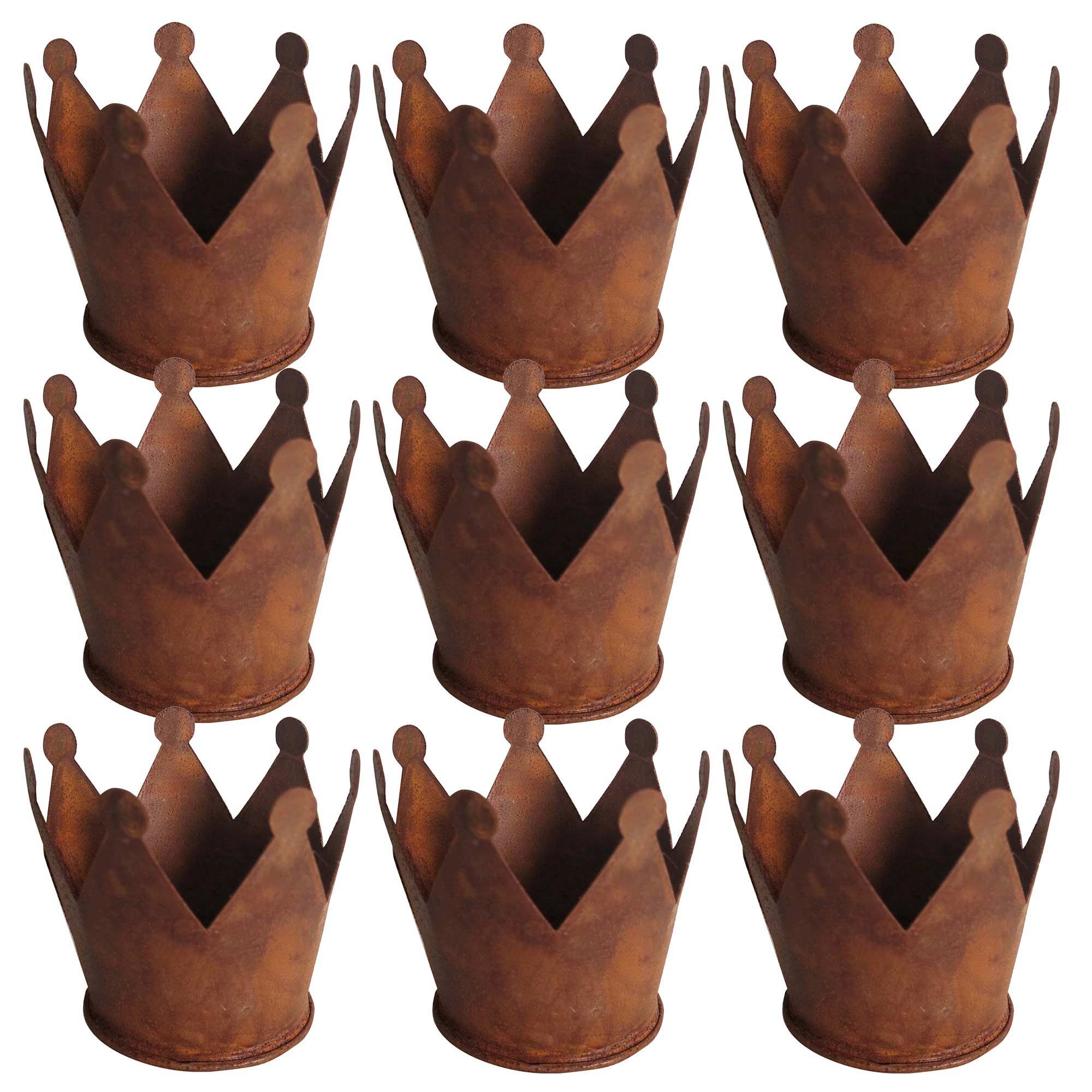 UNUS GARDEN Dekofigur Krone Zink Rost Ø6,5 verschiedene Sets (9 St., 9er Set (6,5 cm), Metallkrone Gartenkrone Dekoration Rostdeko Dekokrone Pflanzkrone