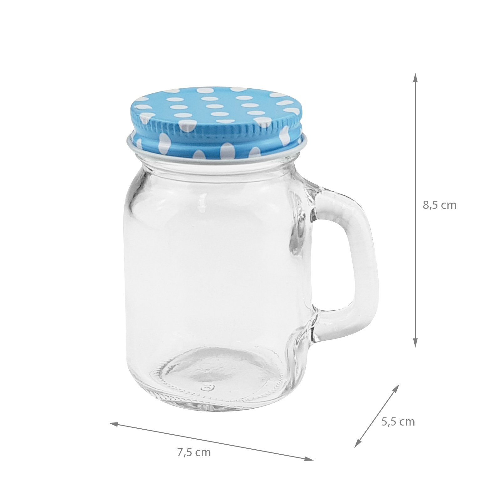 Wellgro Glas bunten x verschiedene wählbar Henkel 8,5 cm 5,5 mit (LxBxH), Glas, 120 - Trinkgläser x 7,5 und ml, Metalldeckeln Mengen