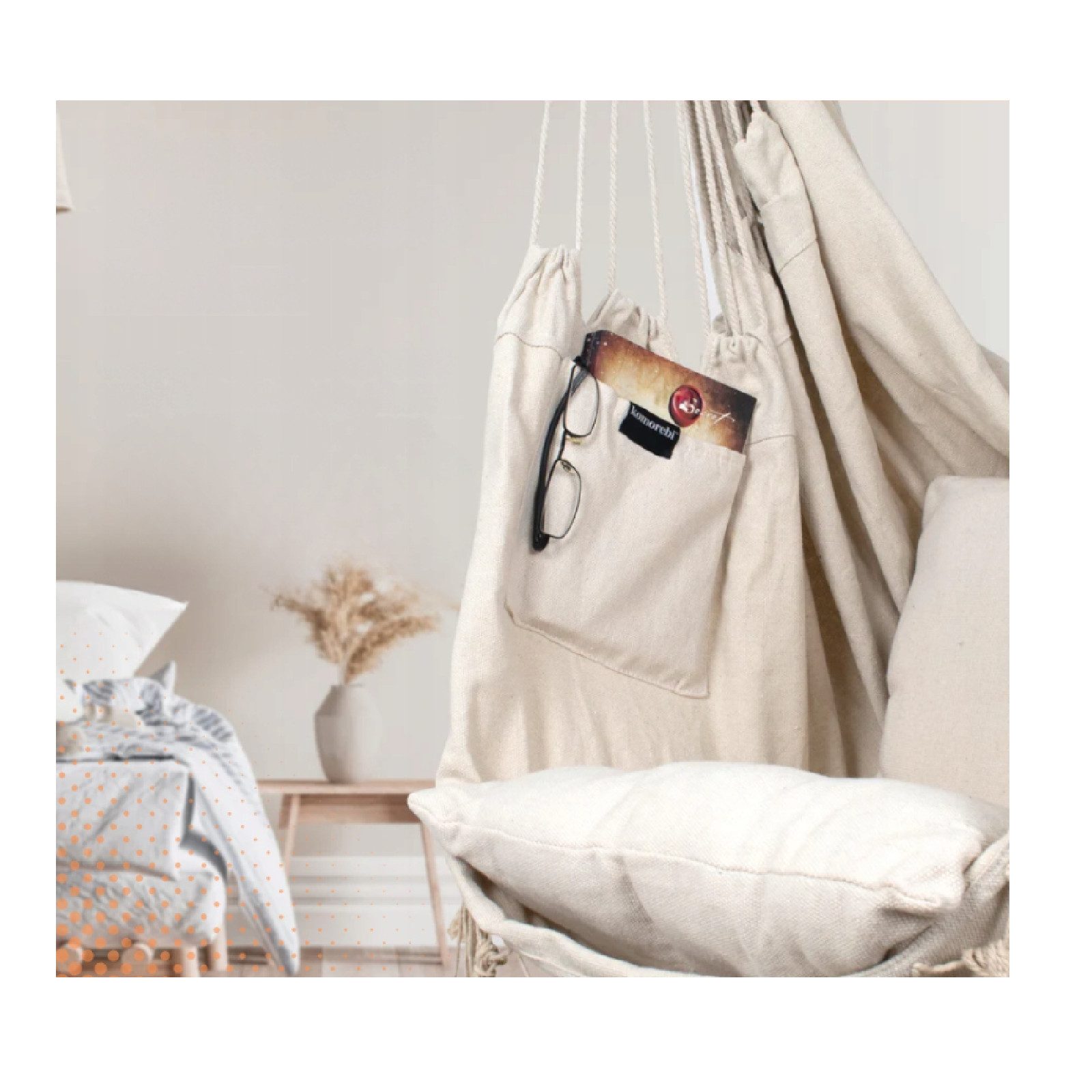 QLS Hängesessel Boho-Stil 130x100 cm, mit 2 Kissen Hängestuhl bis 200 kg beige